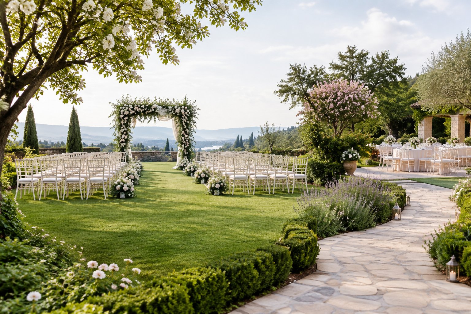 An elegant garden wedding venue with a floral ceremony arbor, white chairs, blooming flowers, and a landscaped lawn.