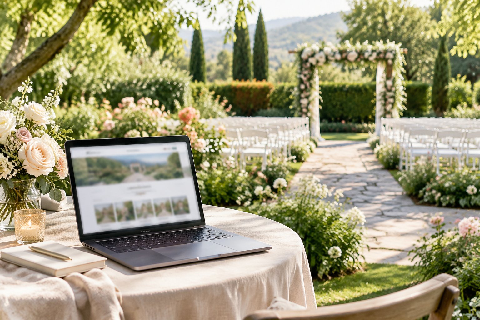 A laptop beside a floral wedding ceremony setup in a lush garden.