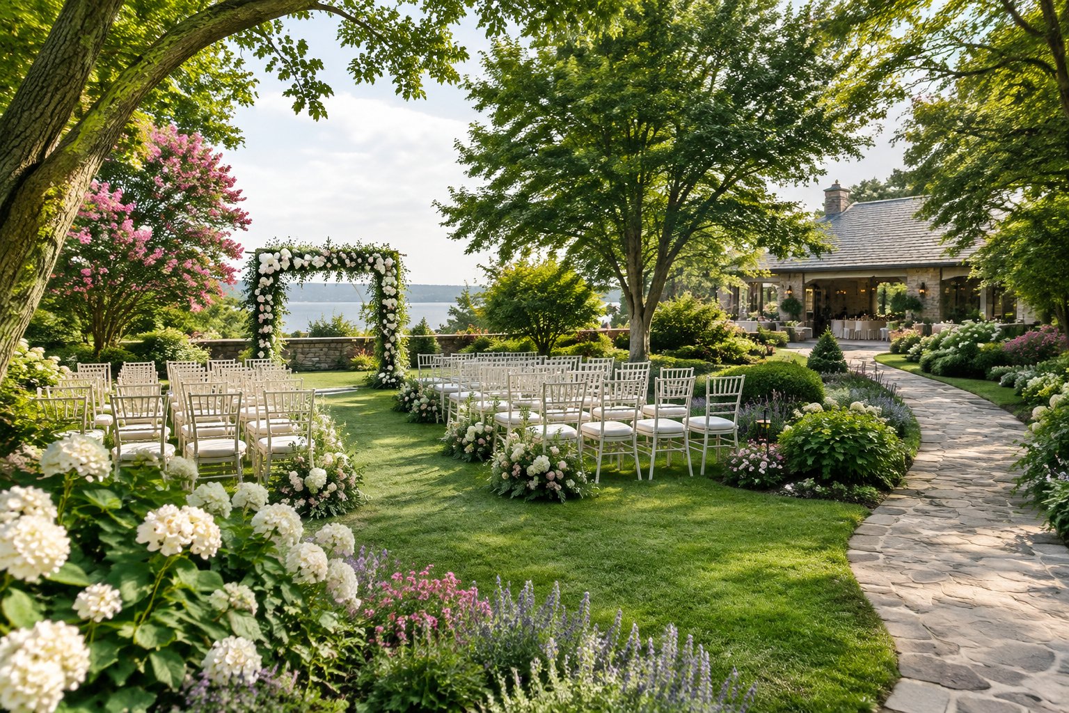 A landscaped garden wedding venue with white chairs arranged around a floral ceremony arch.