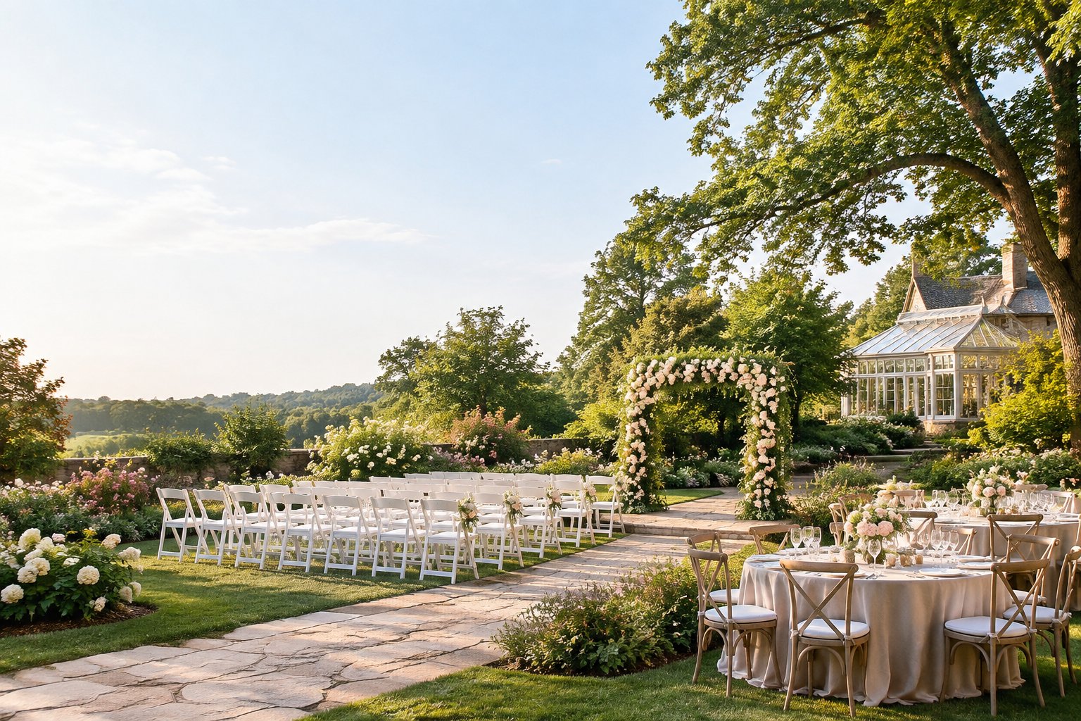 An elegant garden wedding ceremony and reception setup surrounded by lush greenery and flowers.