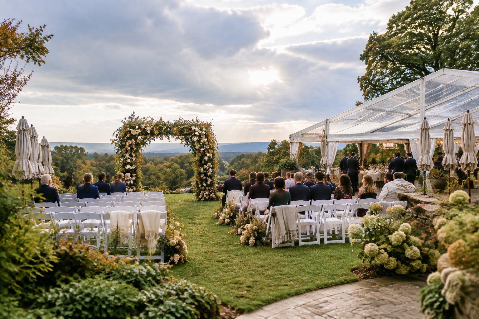 An outdoor garden wedding ceremony with seasonal flowers, guest seating, and discreet weather preparations.