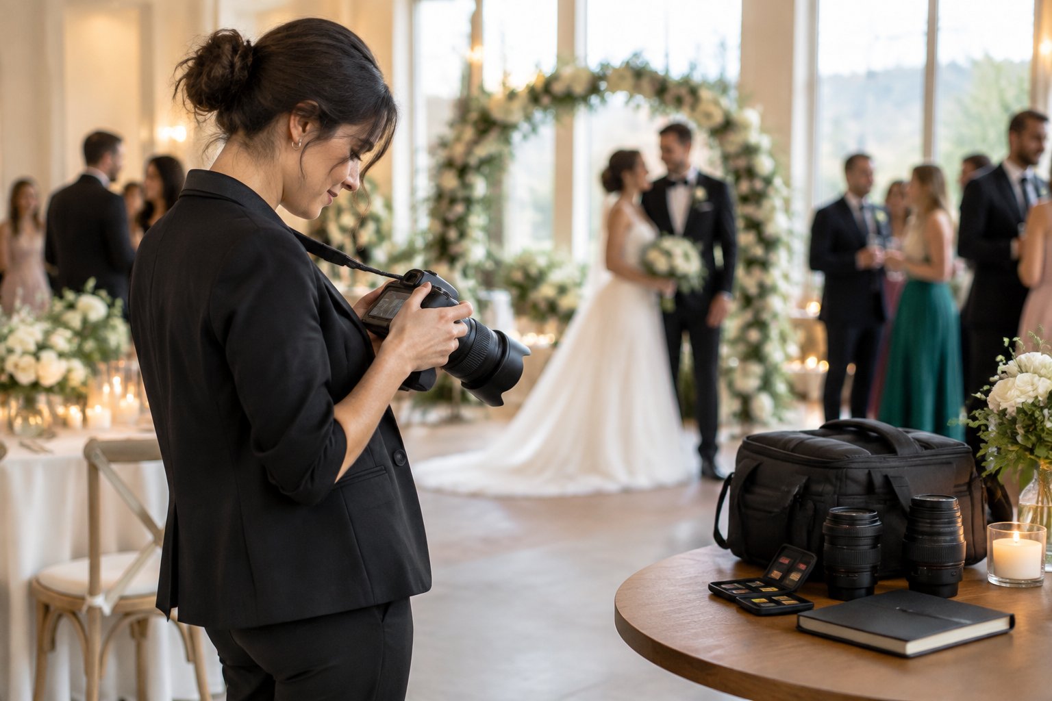 A wedding photographer reviews photos while working at an elegant wedding reception.