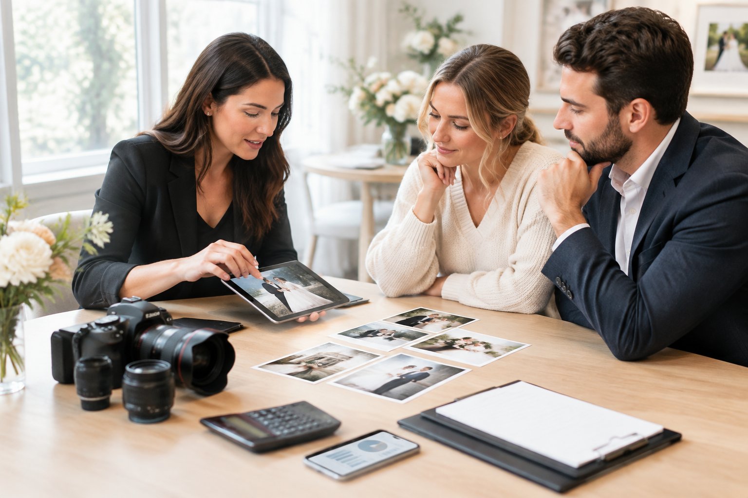 A wedding photographer discusses photo packages with an engaged couple at a table with camera equipment and budgeting materials.