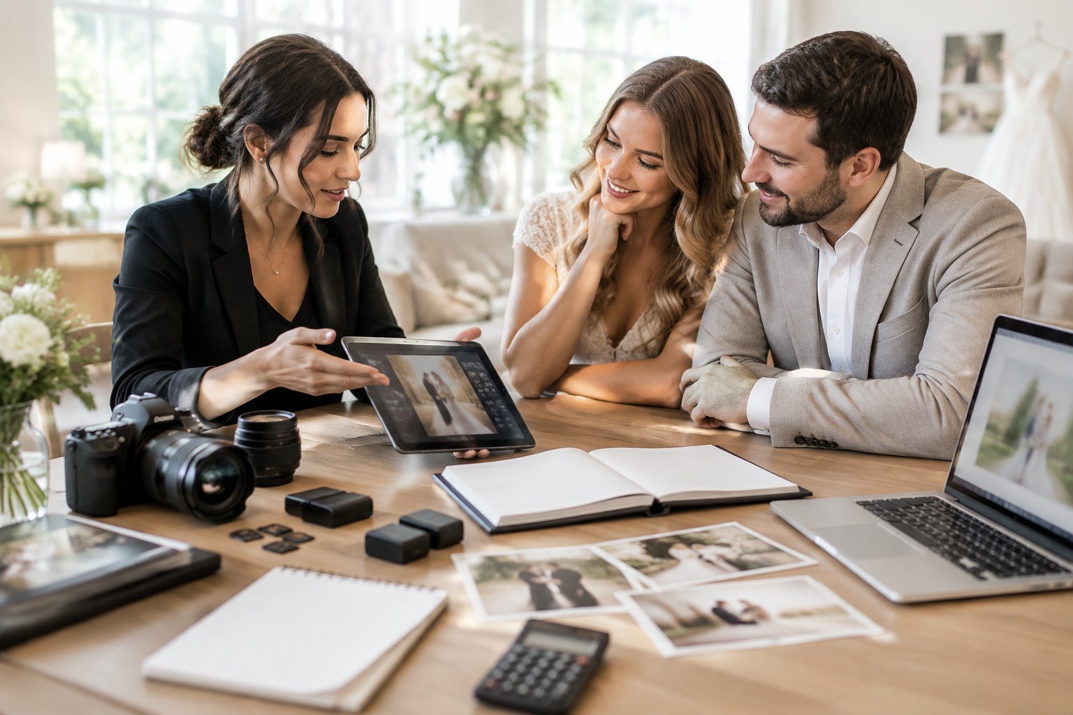 A wedding photographer discusses package options with an engaged couple beside cameras, albums, and sample wedding photos.