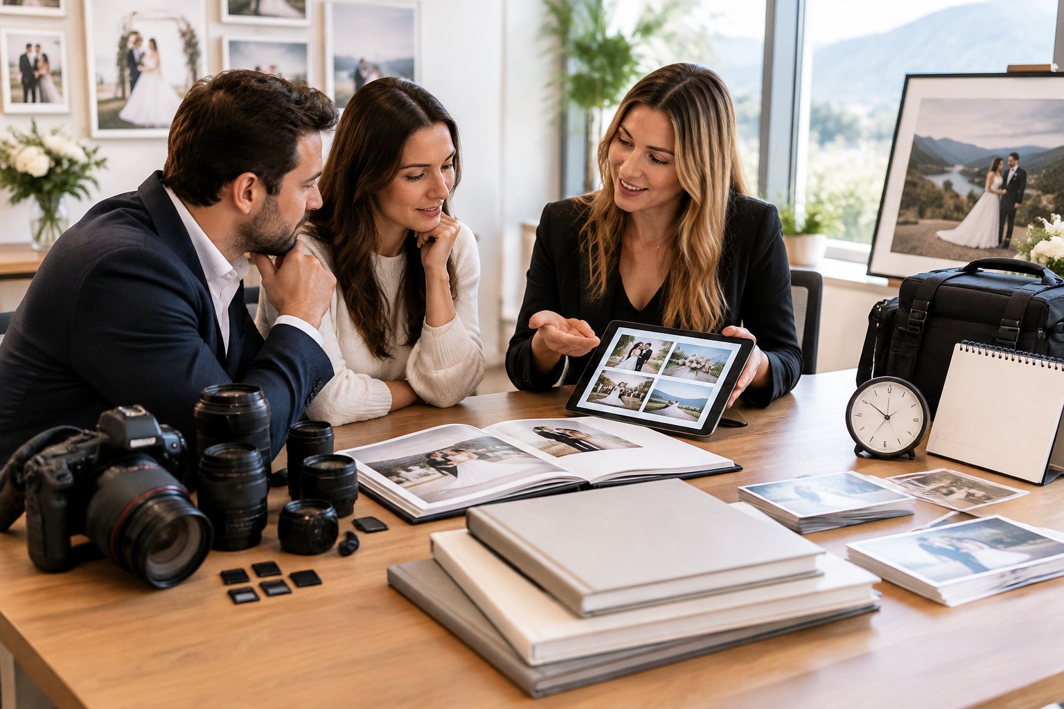 A wedding photographer discusses equipment, albums, and coverage options with an engaged couple at a consultation table.