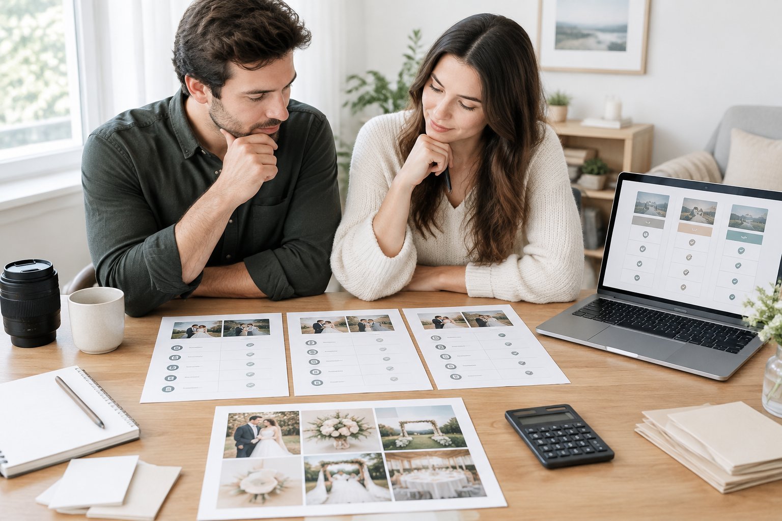 A couple compares wedding photography packages at a desk with a laptop, camera lens, calculator, and proposal documents.