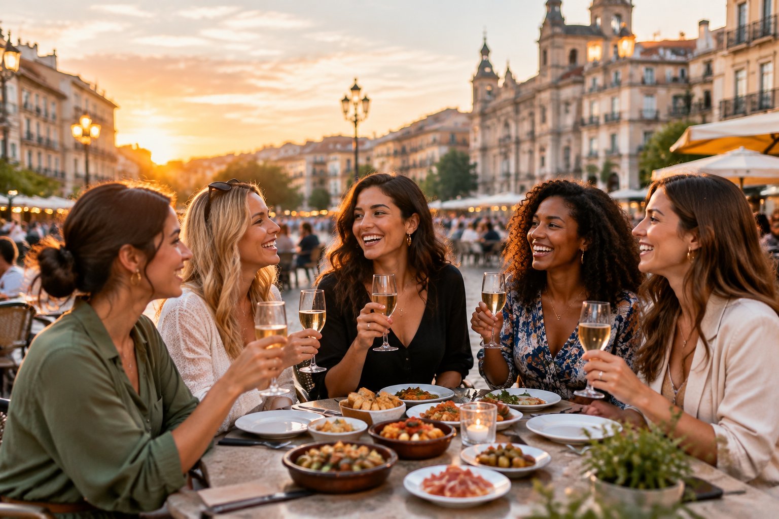 A group of friends celebrates with food and drinks at an outdoor café in a lively European city.