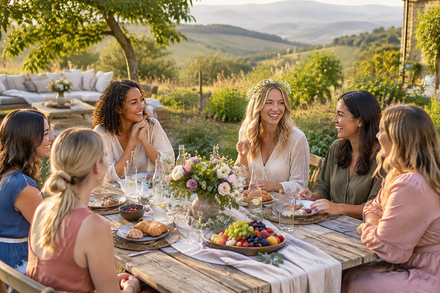 A group of friends enjoying a relaxed hen party picnic in a scenic countryside garden.