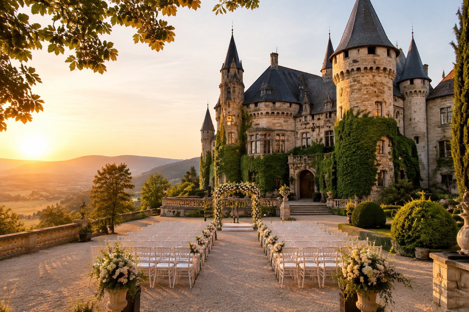 A historic German castle surrounded by gardens with an outdoor wedding ceremony arranged in the courtyard.