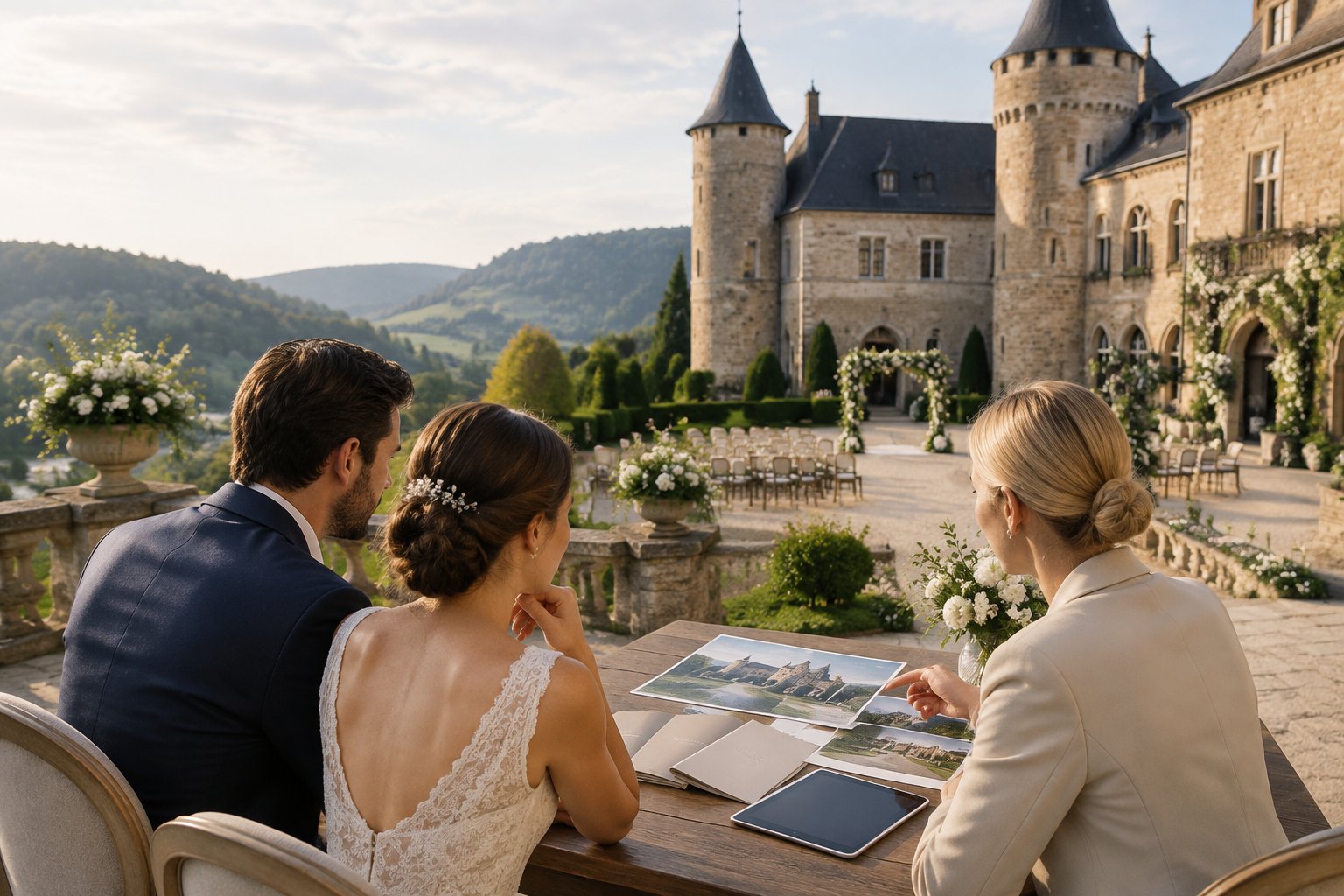An engaged couple compares wedding venue options with a planner outside a historic German castle.