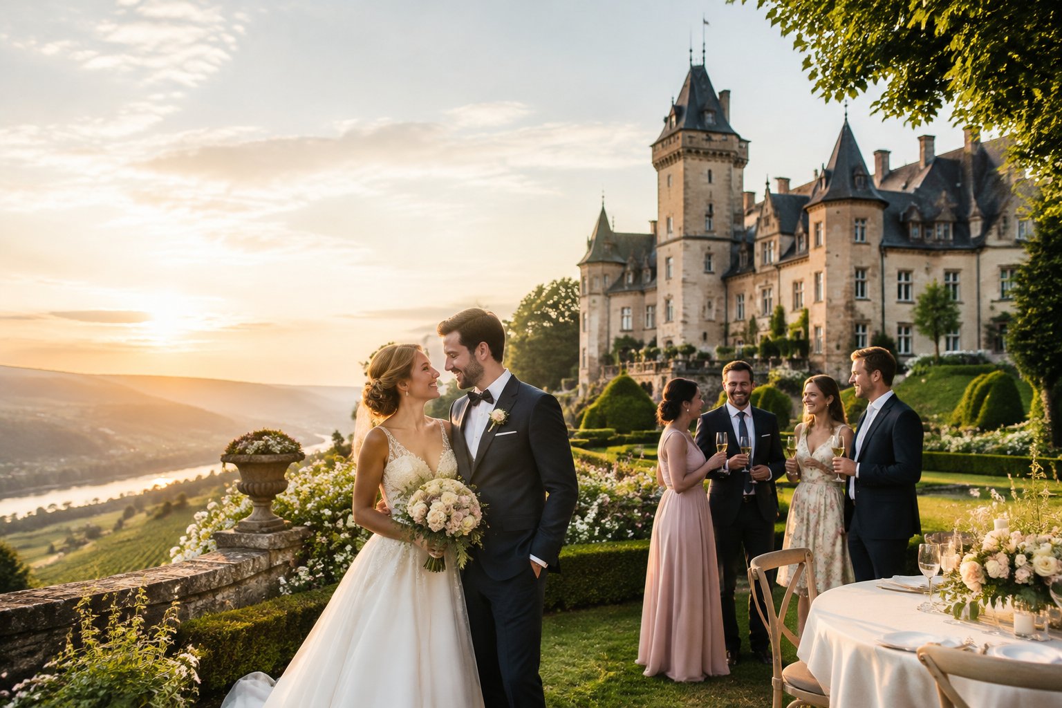 A newlywed couple and wedding guests celebrate outside a grand German castle surrounded by gardens and rolling countryside.