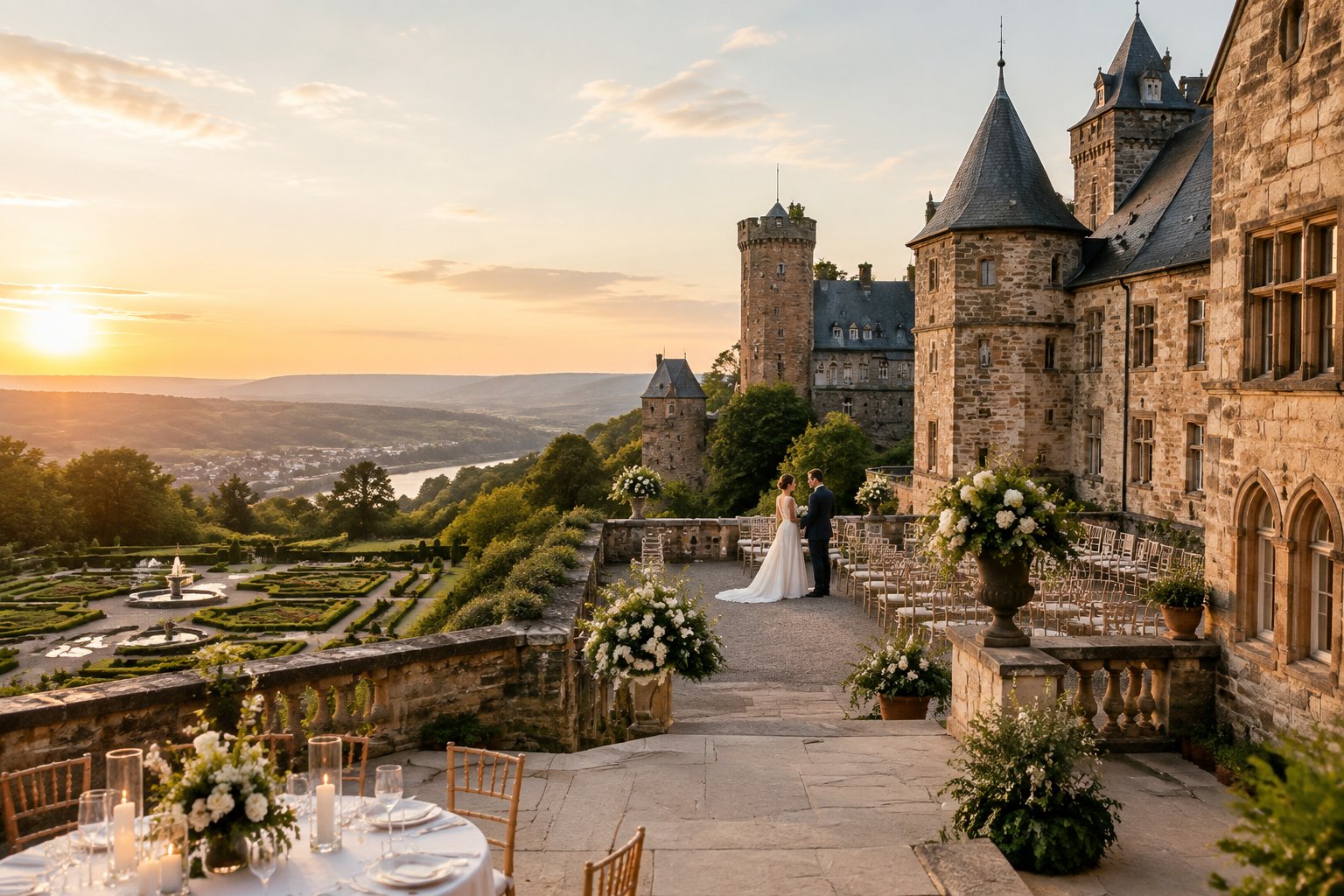 A couple stands near a decorated wedding ceremony area outside a historic German castle surrounded by gardens.