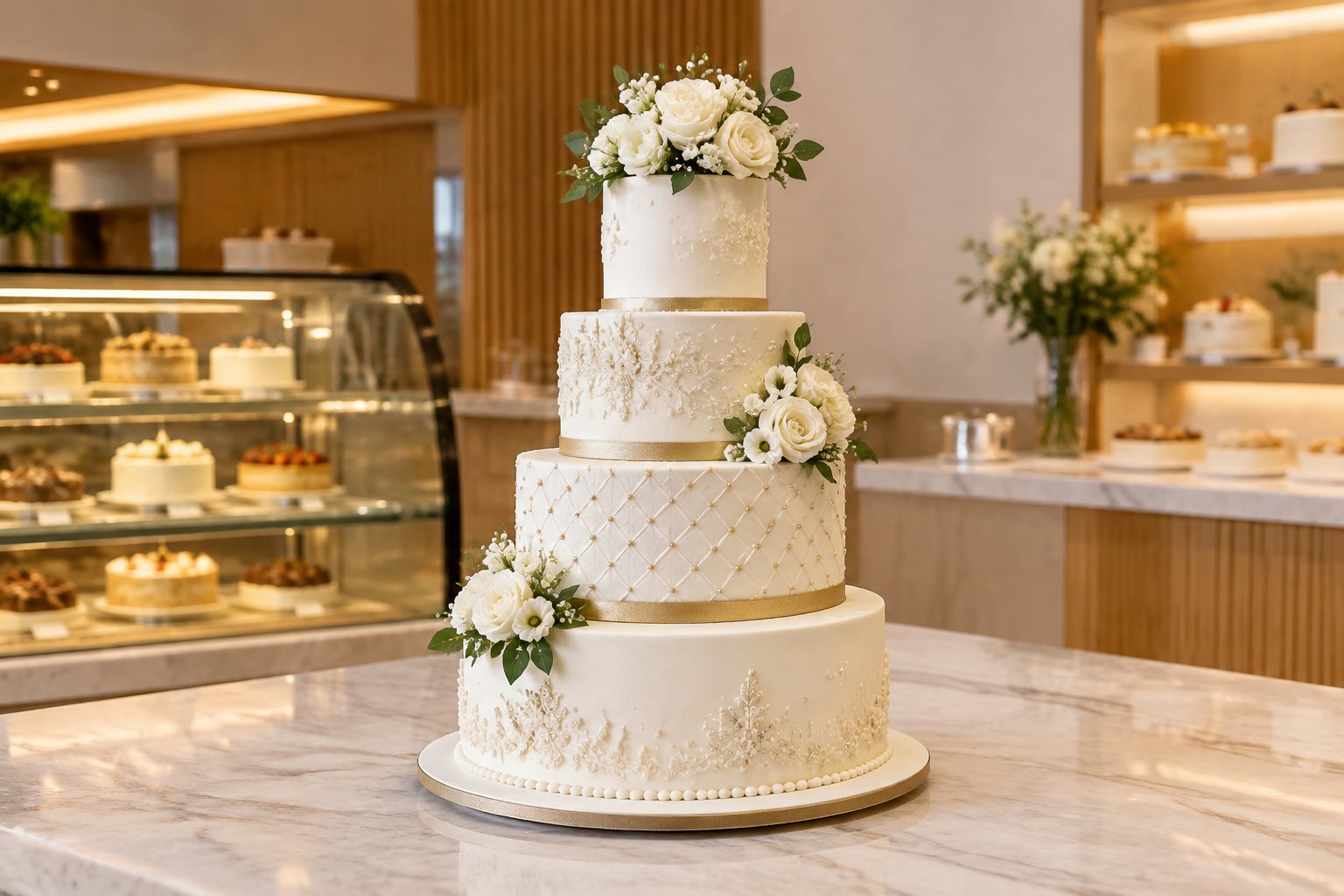 An elegant multi-tier wedding cake displayed on a bakery counter.