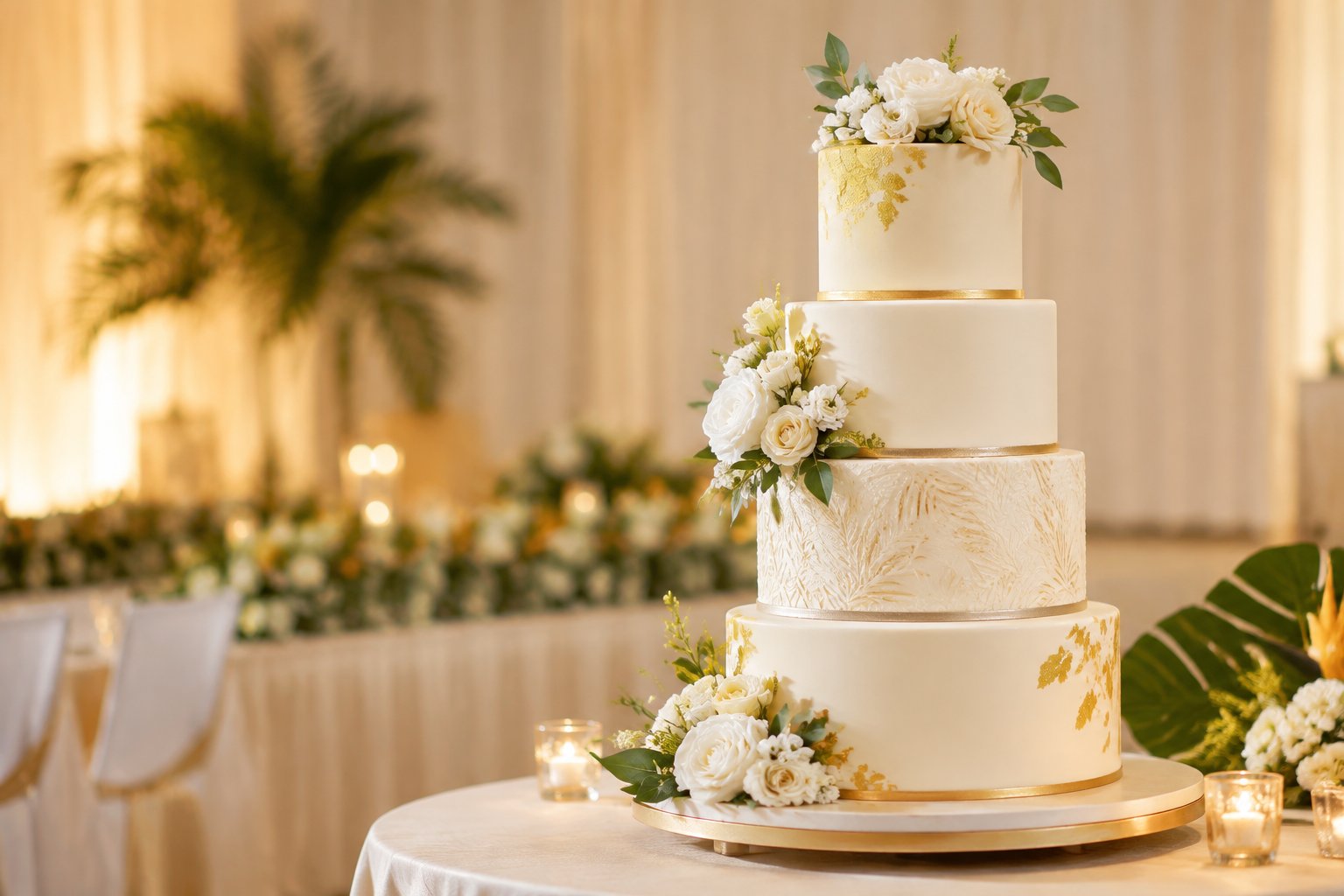 Tiered wedding cakes displayed on an elegant dessert table at a reception.