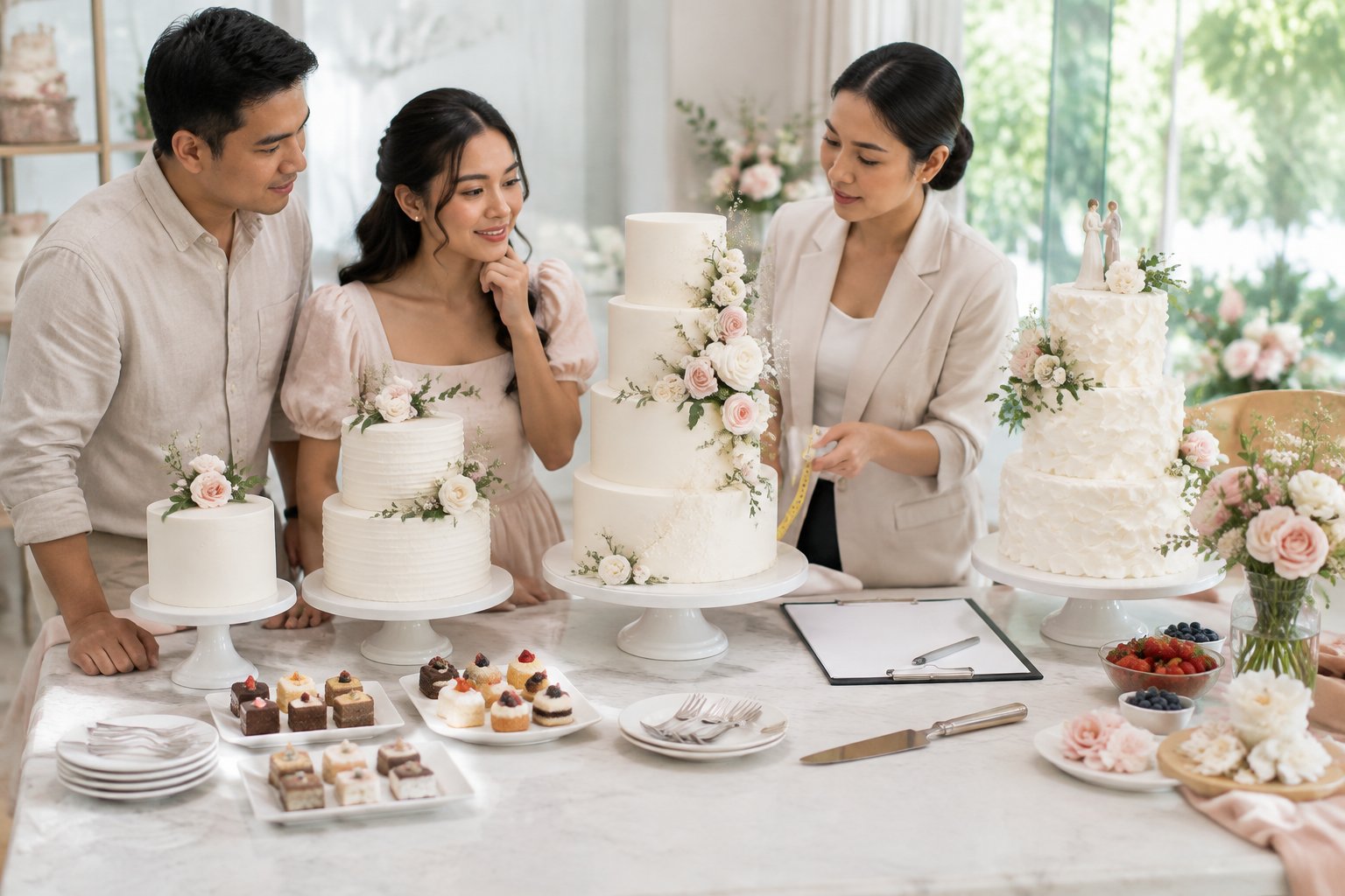 A Filipino couple consults a cake designer while comparing several wedding cake sizes and decorative options.