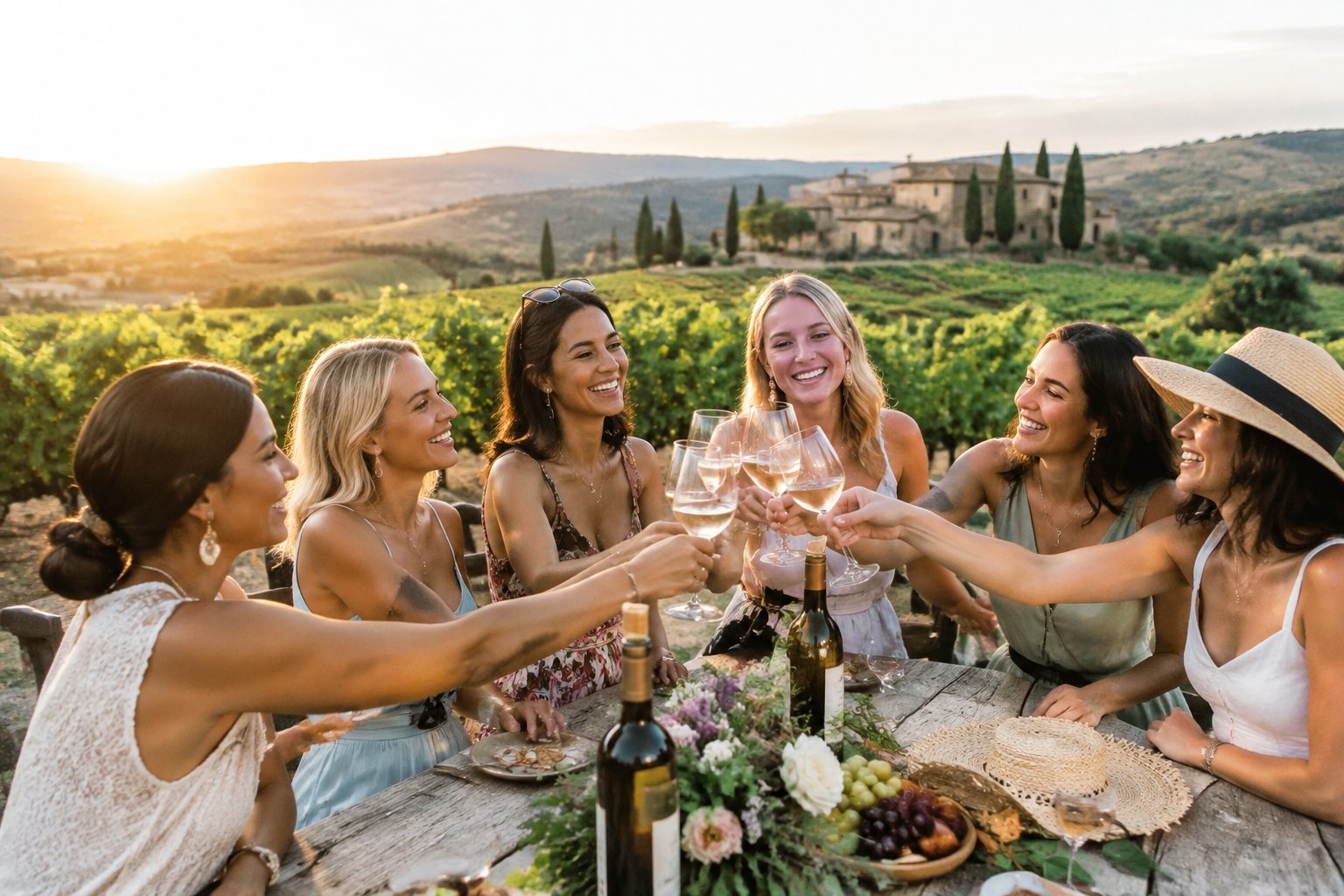 A group of women celebrating with wine at a scenic vineyard.