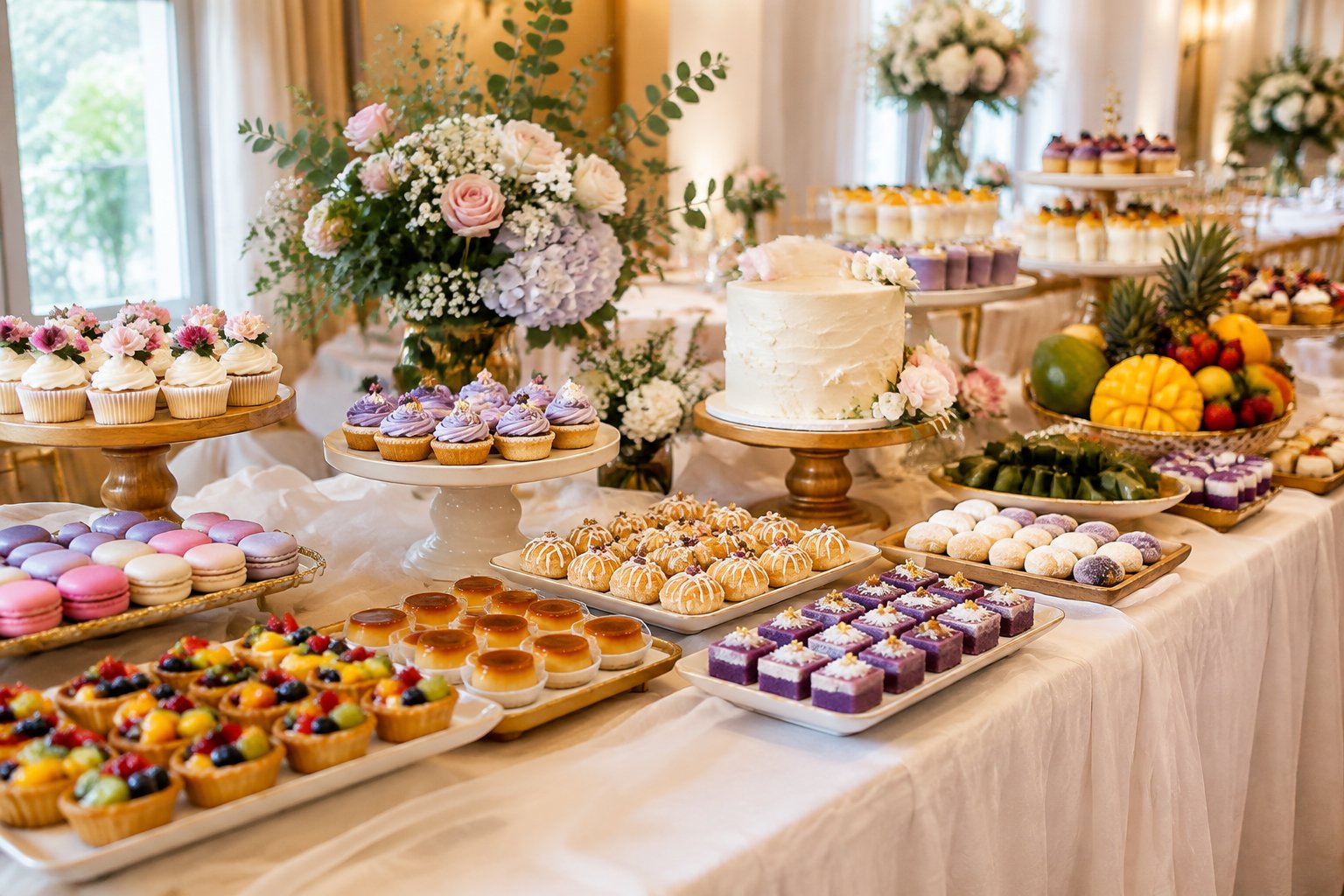 An elegant wedding reception dessert table with a small cake, pastries, Filipino sweets, fruit, and floral decorations.