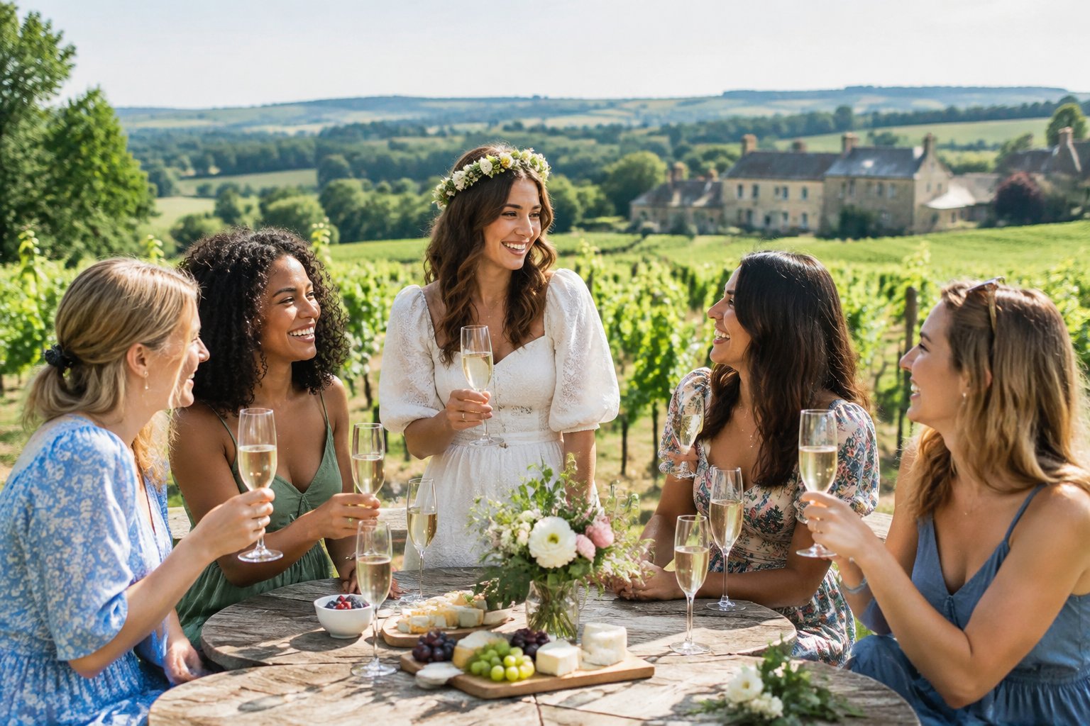 A group of women celebrating together at a sunny vineyard in the English countryside.