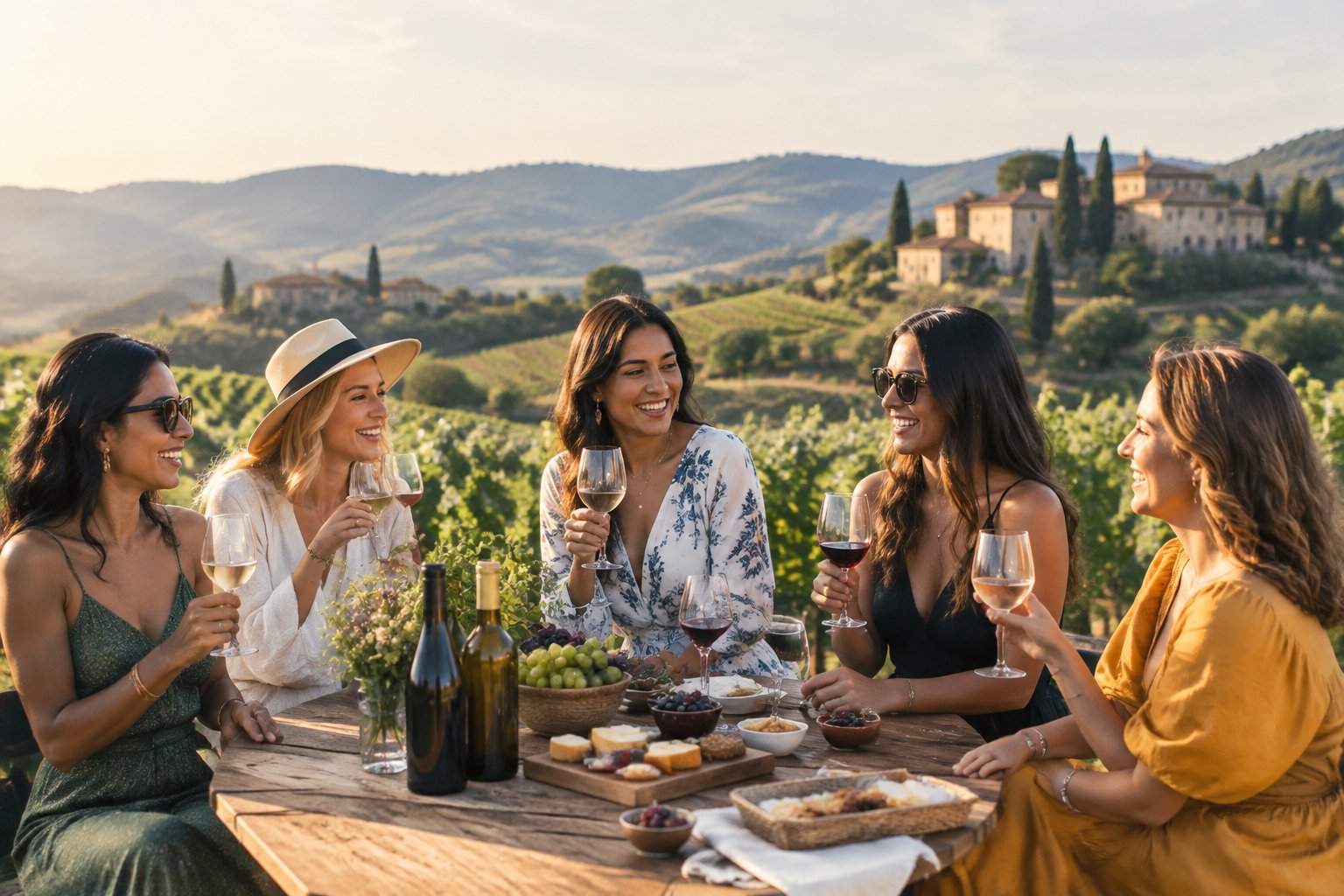 A group of women friends enjoying a wine tasting together at a scenic vineyard.