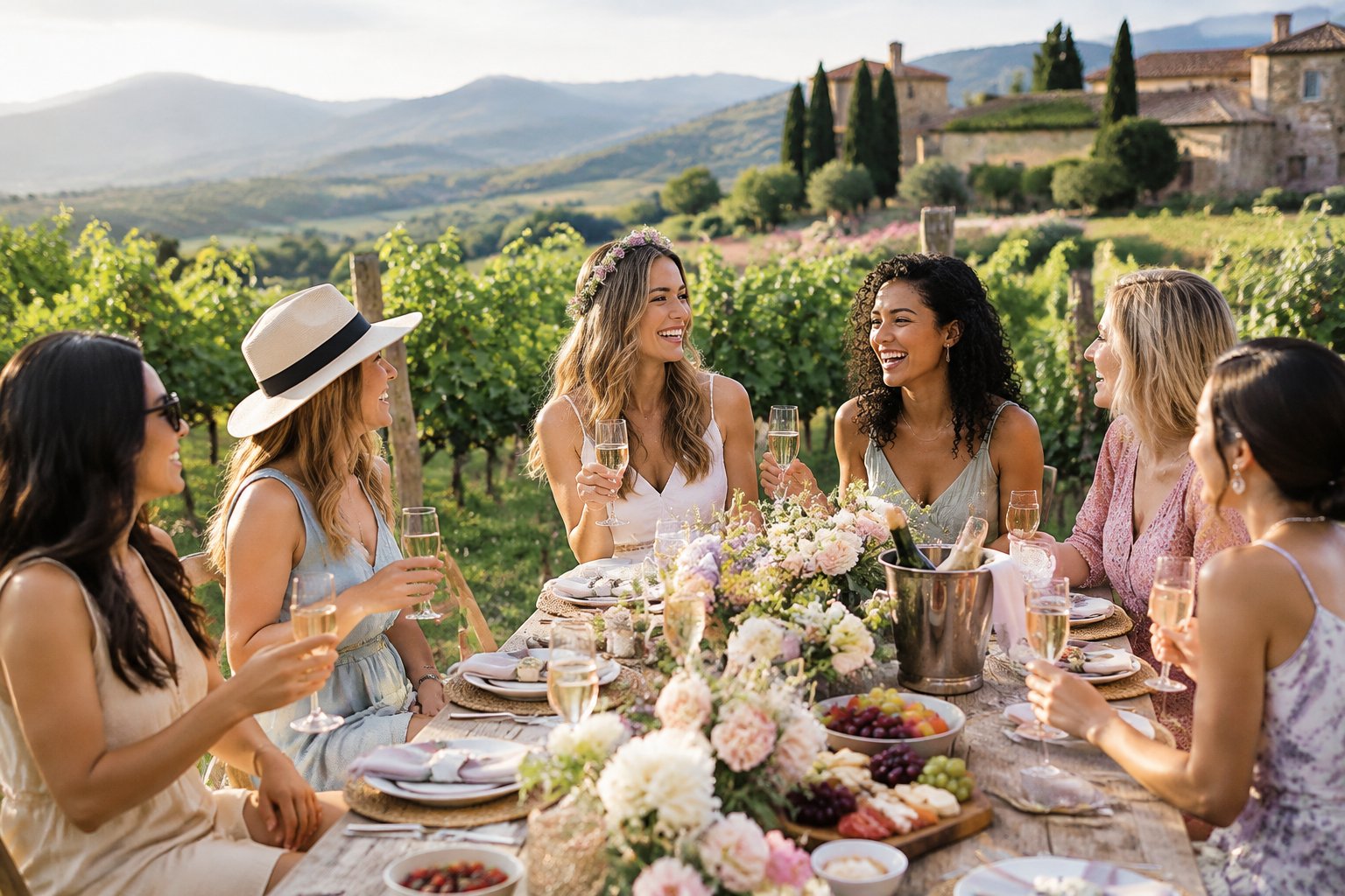 A group of women celebrating together at a vineyard picnic table surrounded by grapevines.