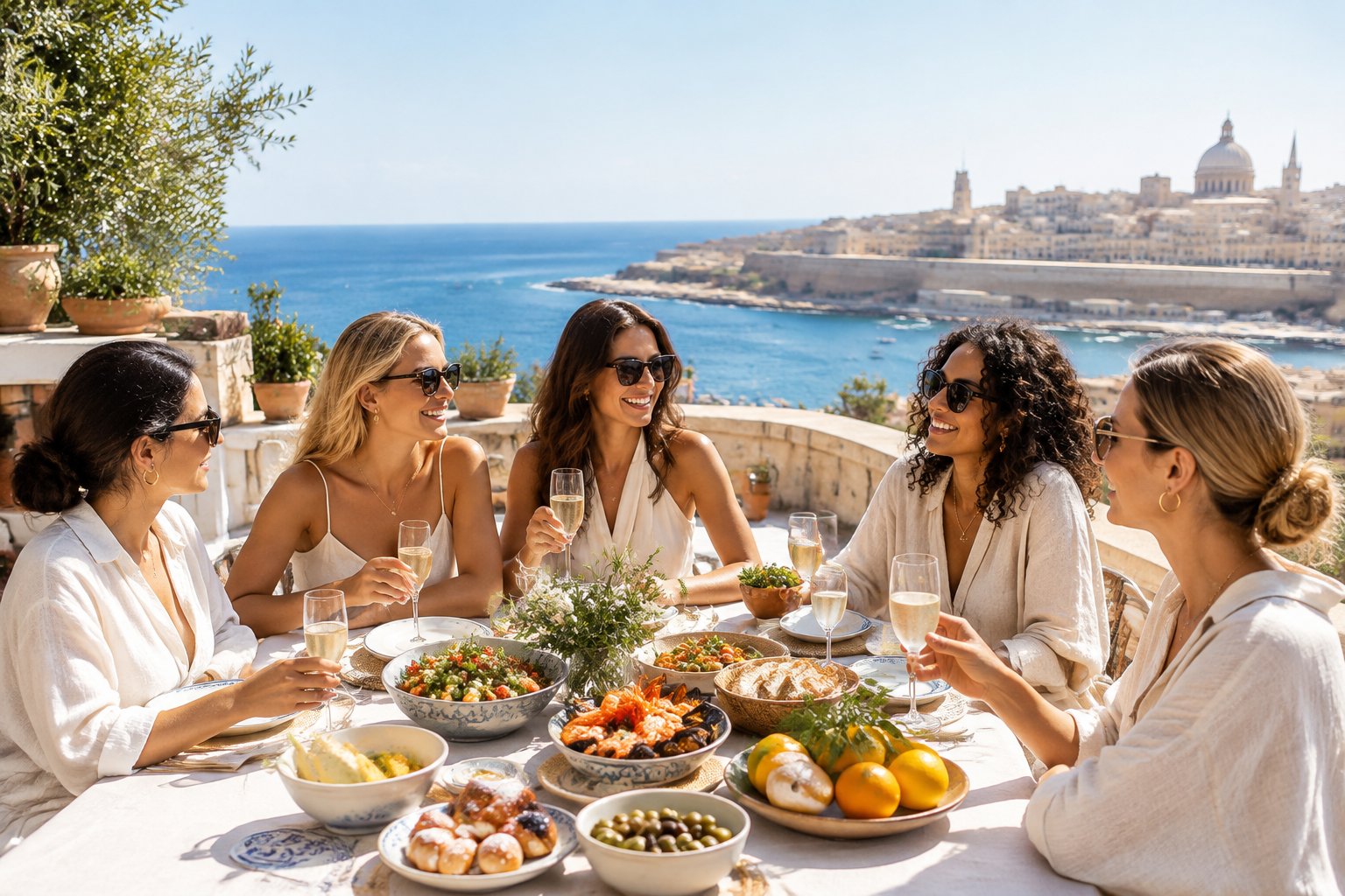 A group of stylish women enjoying an elegant seaside lunch on a sunny Mediterranean terrace.