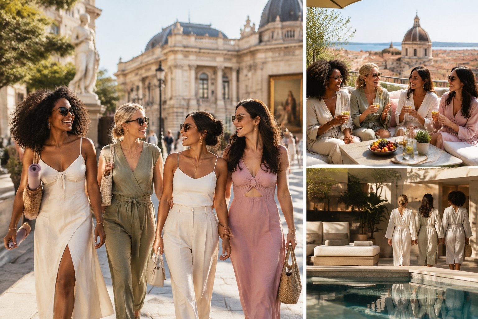 A group of friends enjoying a stylish cultural and wellness getaway in a sunny historic city.