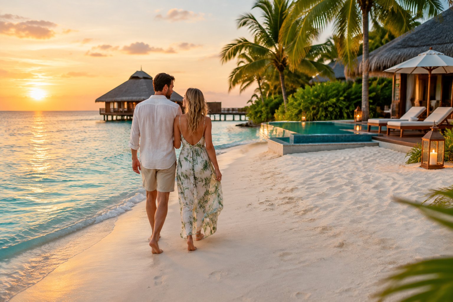 A couple walks along a tropical beach near a luxurious all-inclusive resort at sunset.