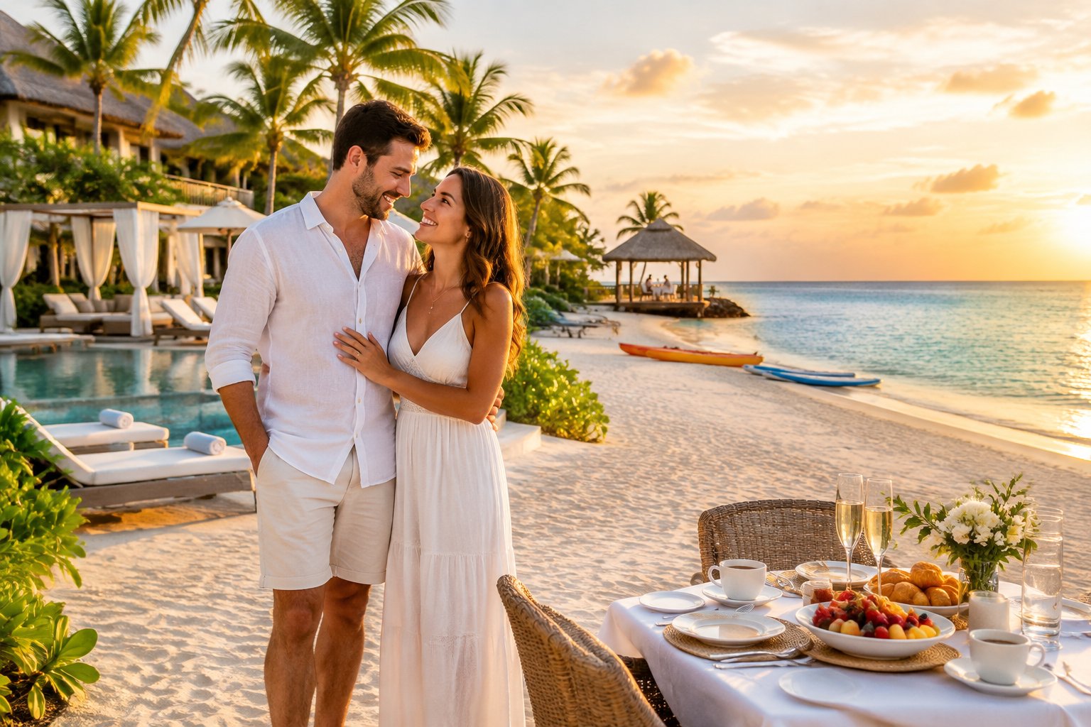 A newlywed couple relaxes beside a luxurious tropical resort beach with a pool and romantic breakfast setup.
