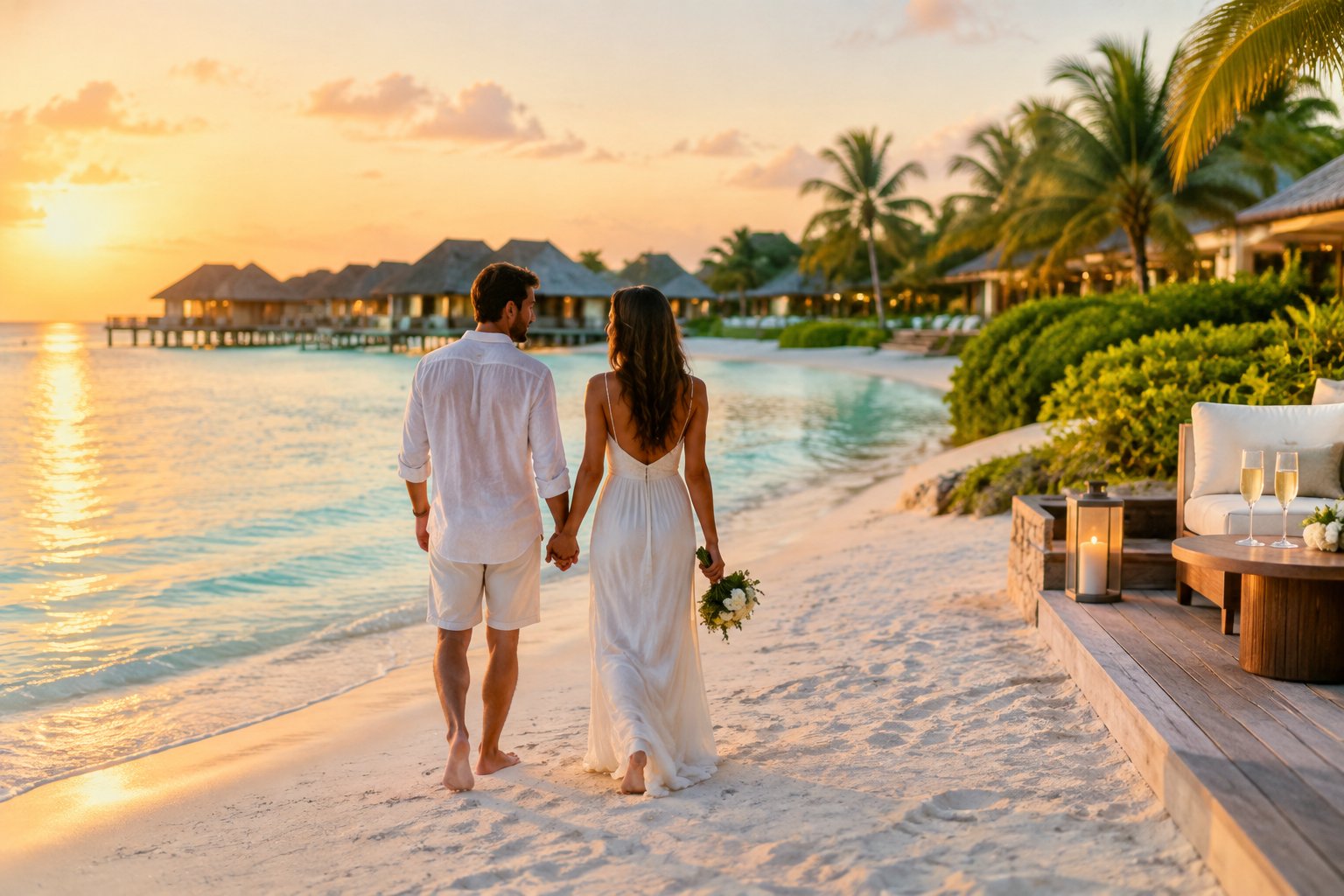 A newlywed couple walks hand in hand along a tropical beach beside a luxury resort.