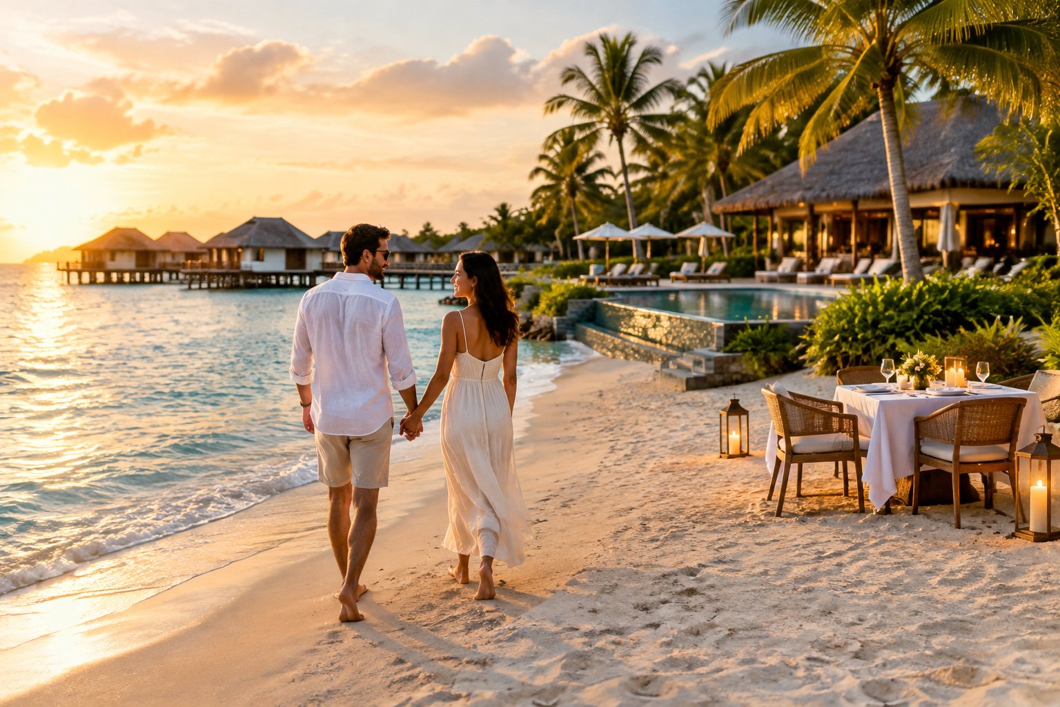 A newlywed couple walks along a tropical beach beside a luxurious all-inclusive resort at sunset.