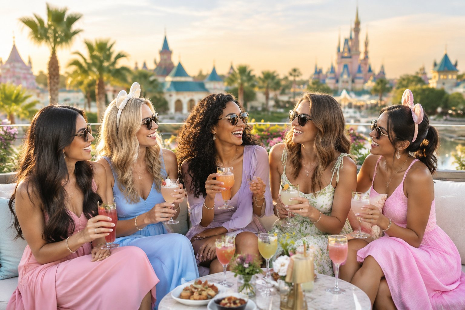 A group of friends celebrating together on an elegant rooftop terrace at a colorful resort.