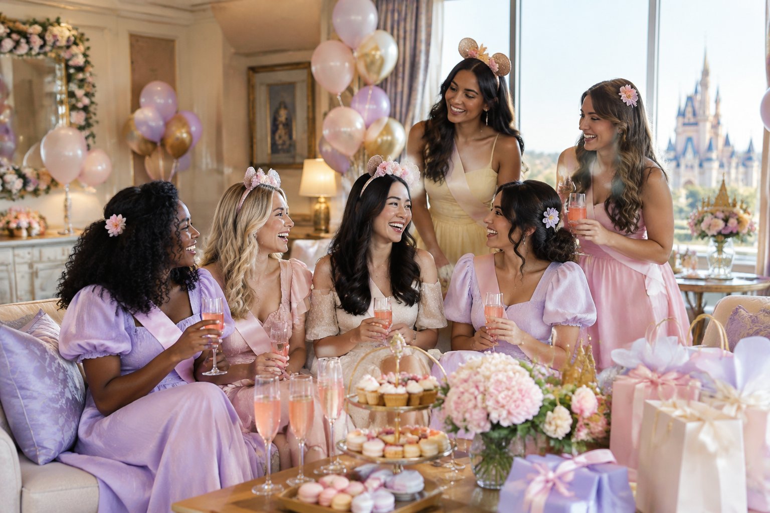 A group of women celebrate in a decorated Disney-inspired resort room with balloons, flowers, party accessories, and drinks.