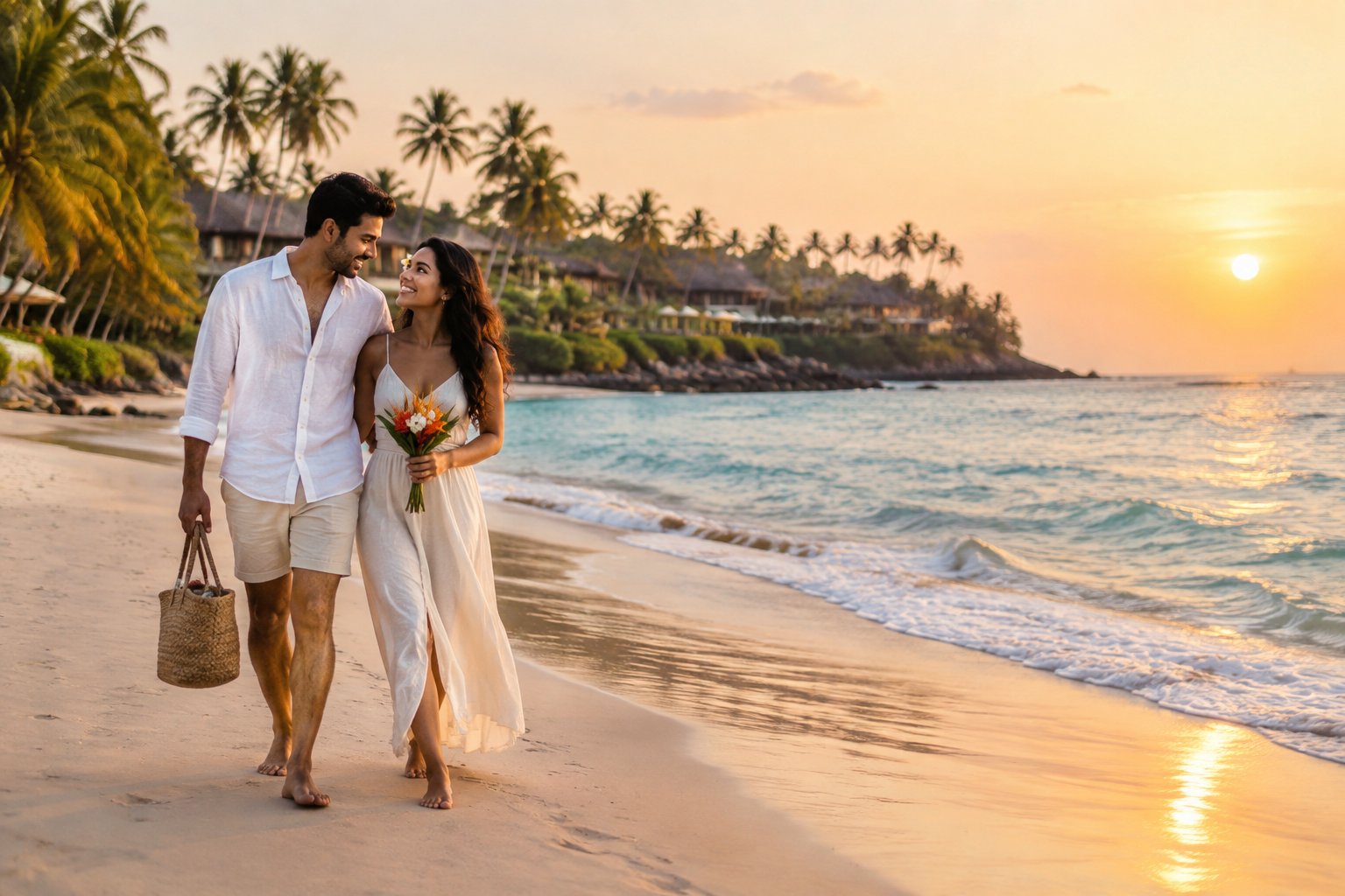 A newlywed couple walks along a tropical beach in Goa at sunset.