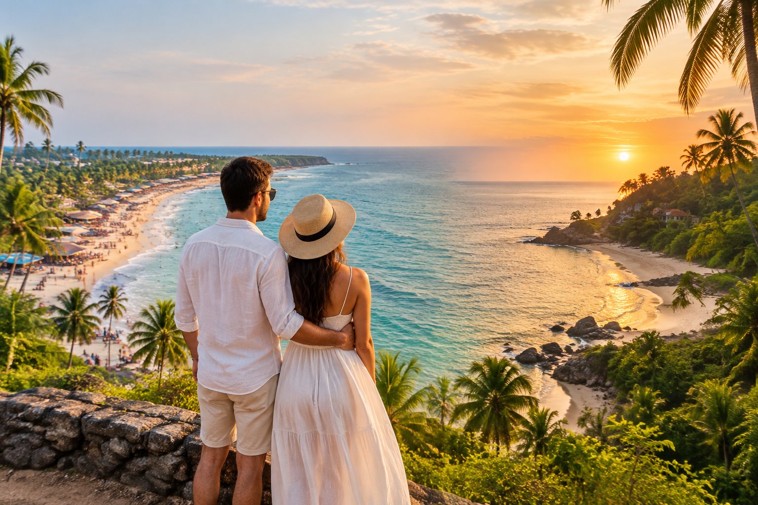 A honeymooning couple overlooks a Goan coastline with lively beaches on one side and a peaceful tropical shore on the other.