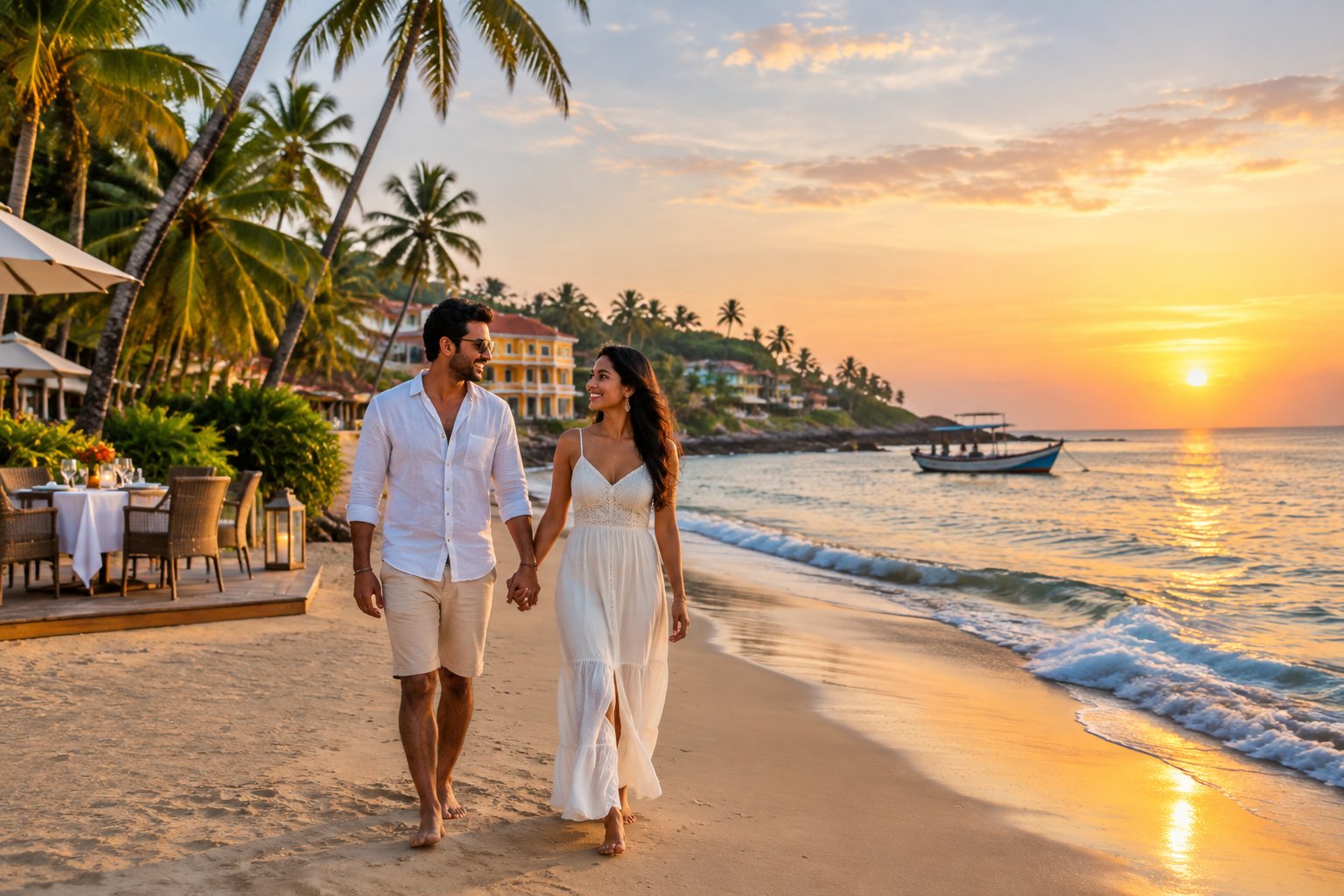 A newlywed couple walks hand in hand along a tropical beach at sunset.