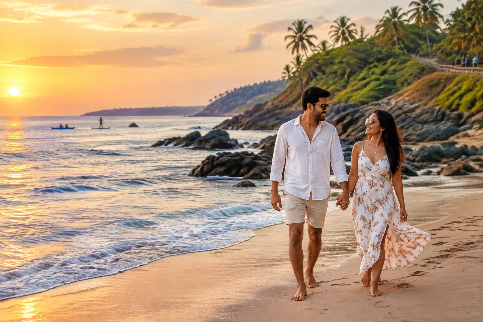 A newlywed couple walks hand in hand along a tropical beach in Goa at sunset.