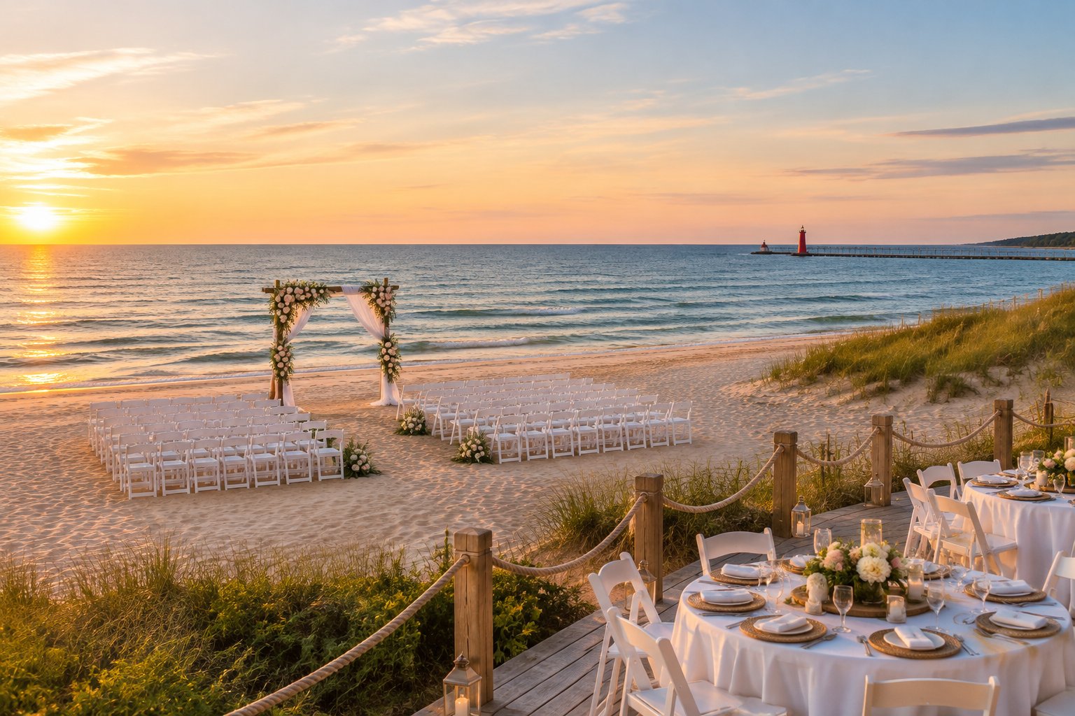 An elegant wedding ceremony setup on a sandy beach beside a calm lake, with white chairs, flowers, and a reception area near the dunes.