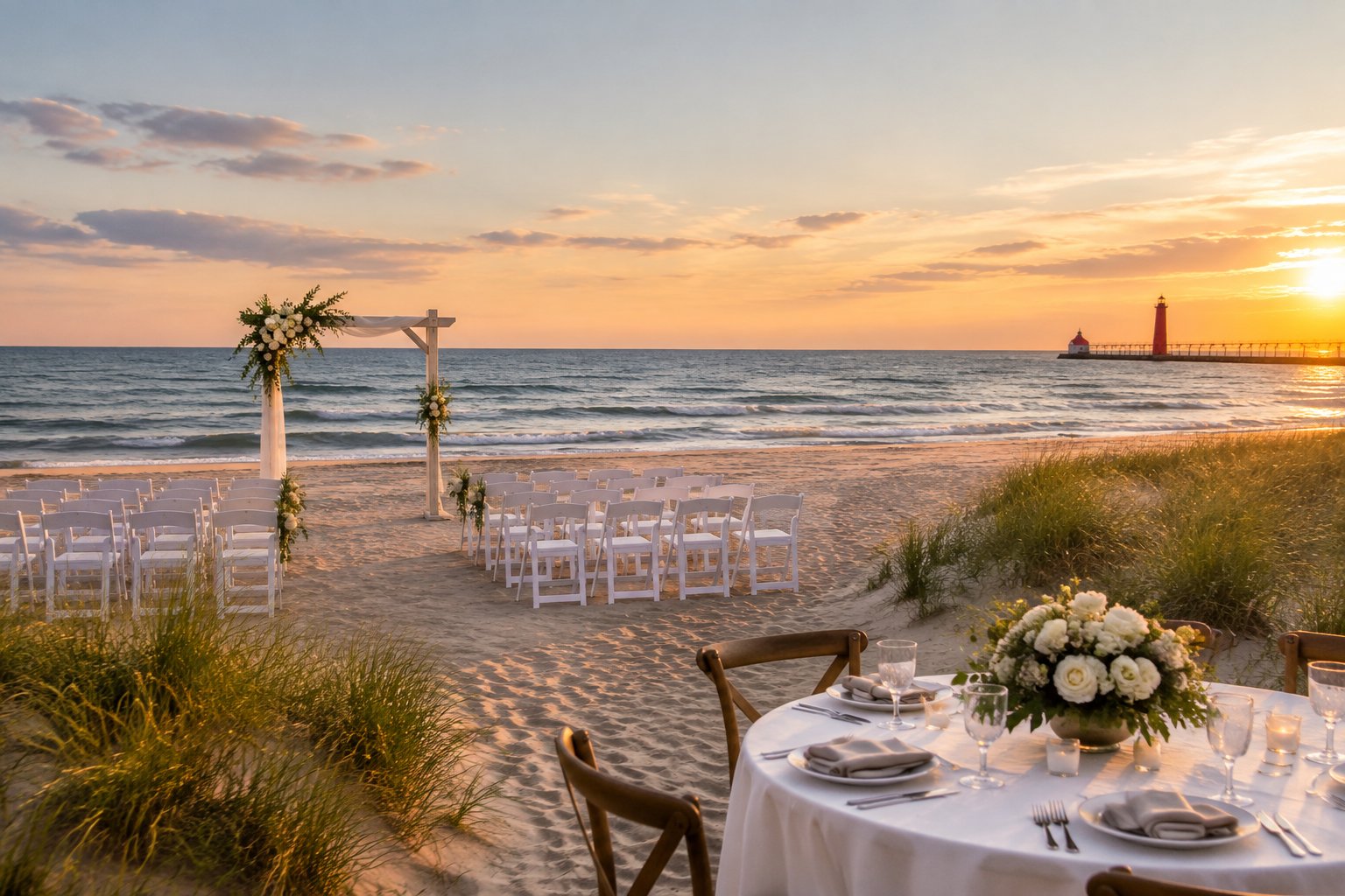 A decorated wedding ceremony setup on a sandy Lake Michigan beach with chairs, flowers, dunes, and calm water.