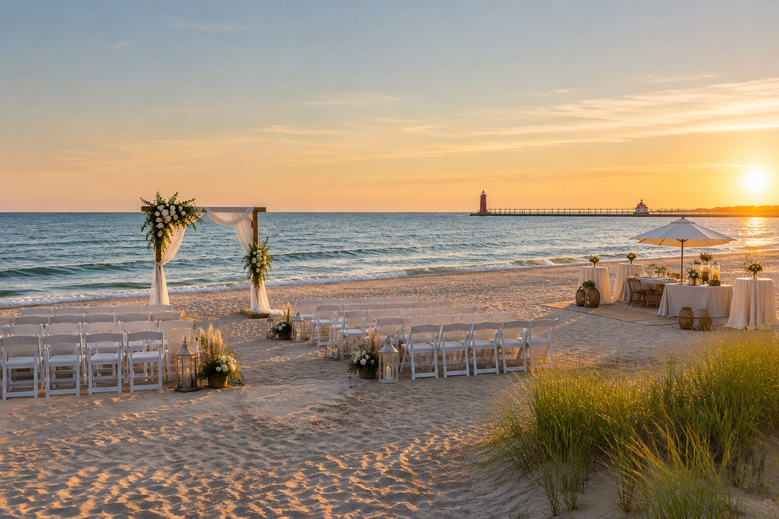Elegant wedding ceremony setup on a sandy Grand Haven beach beside calm Lake Michigan waters.