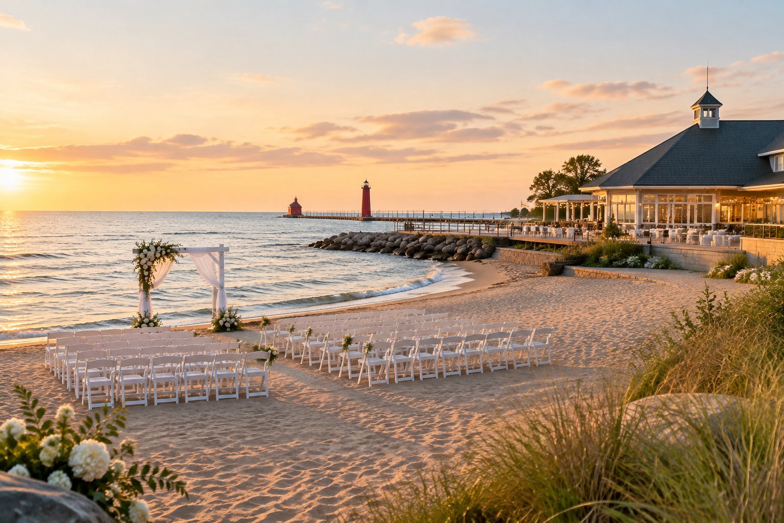 A lakeside wedding venue with an outdoor ceremony setup beside a sandy beach and calm waves.