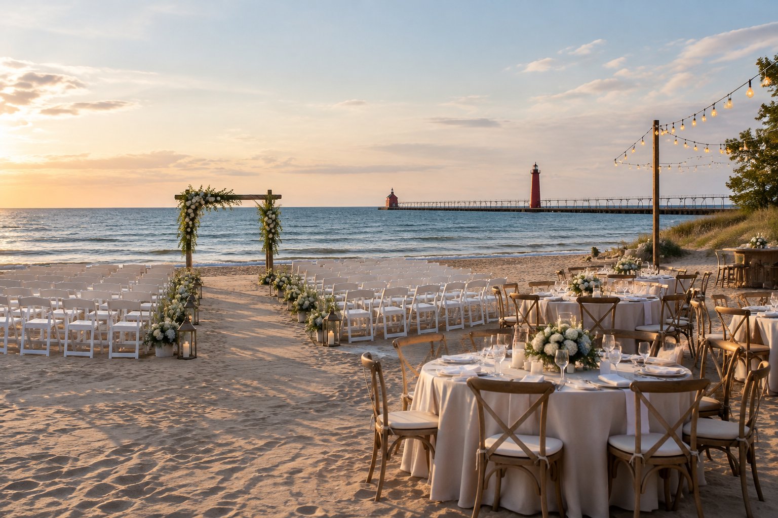 An elegant beach wedding ceremony and reception setup on the Grand Haven shoreline with rows of chairs, a floral arch, and lakeside tables.