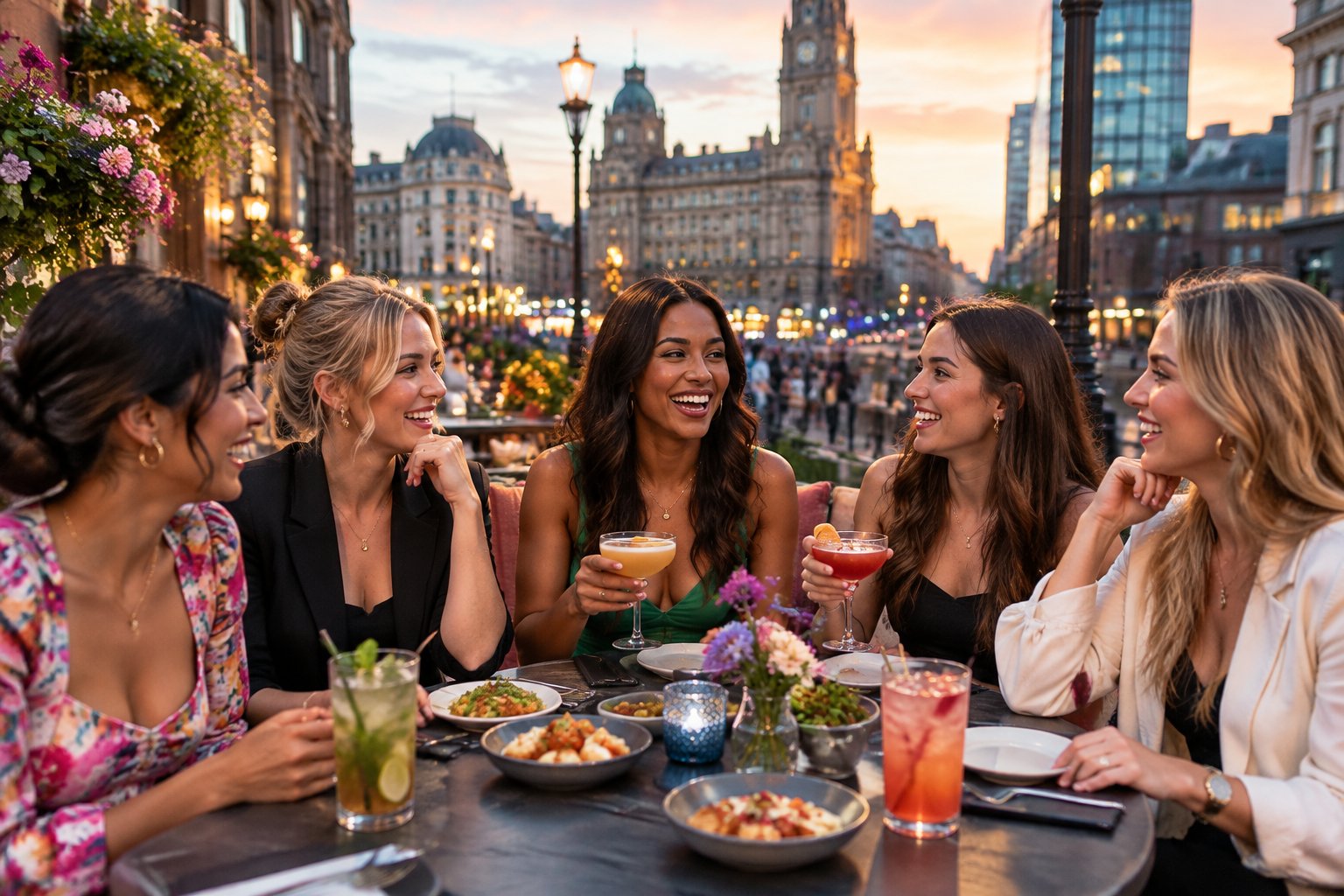 A group of friends enjoying food and drinks together at an outdoor restaurant in a lively city.