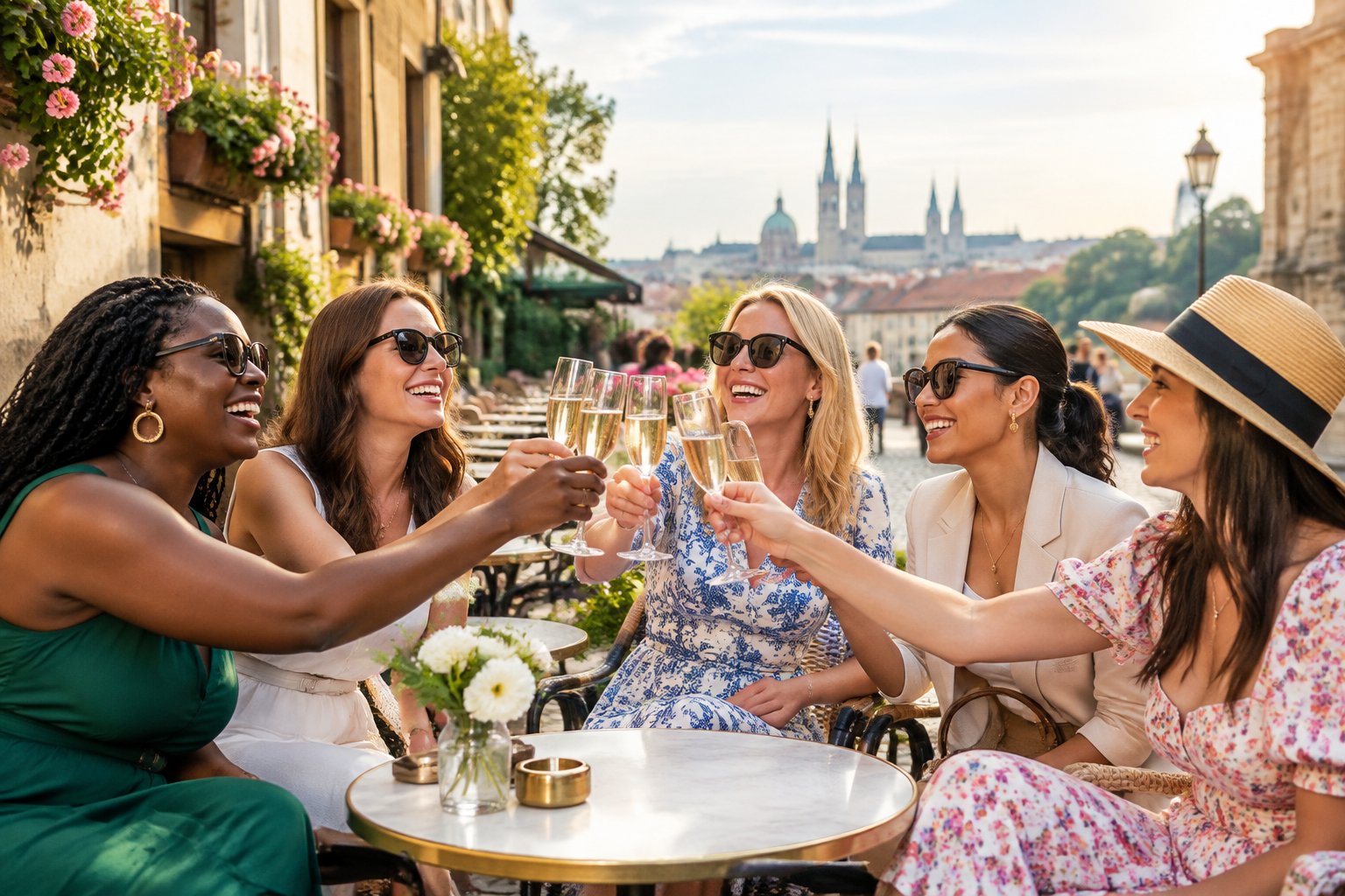 A group of friends celebrating together at an outdoor café in a picturesque European city.