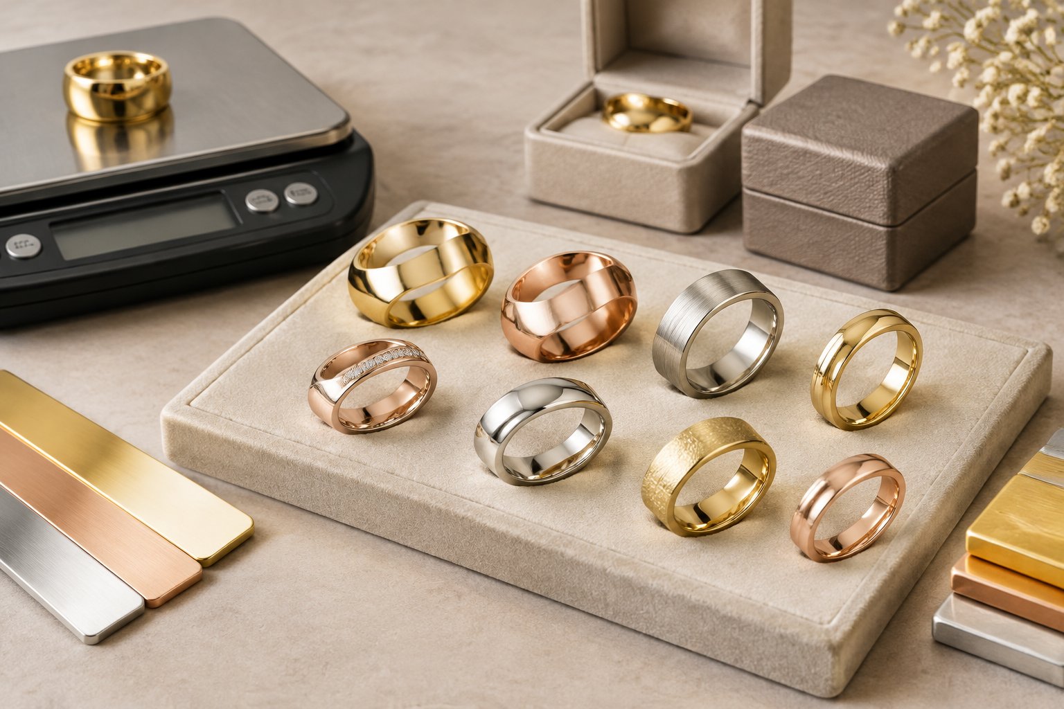 Several gold wedding bands displayed with jewelry tools and presentation boxes on a neutral surface.