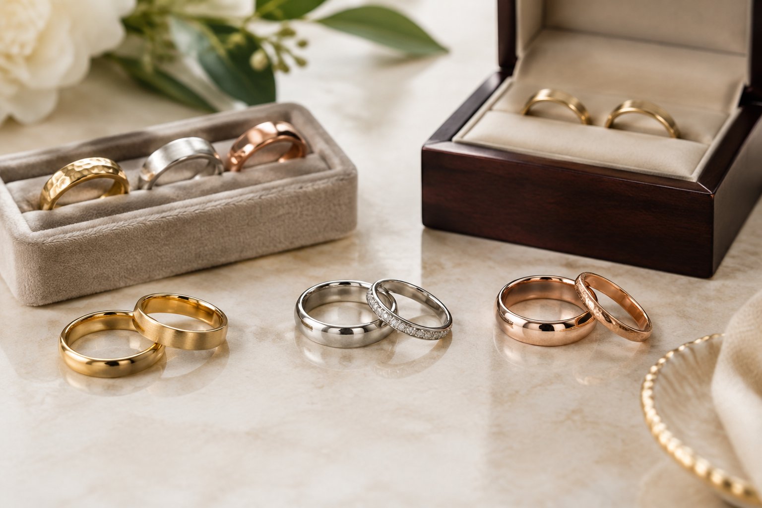 Gold wedding bands displayed in a jewelry box and velvet ring tray.