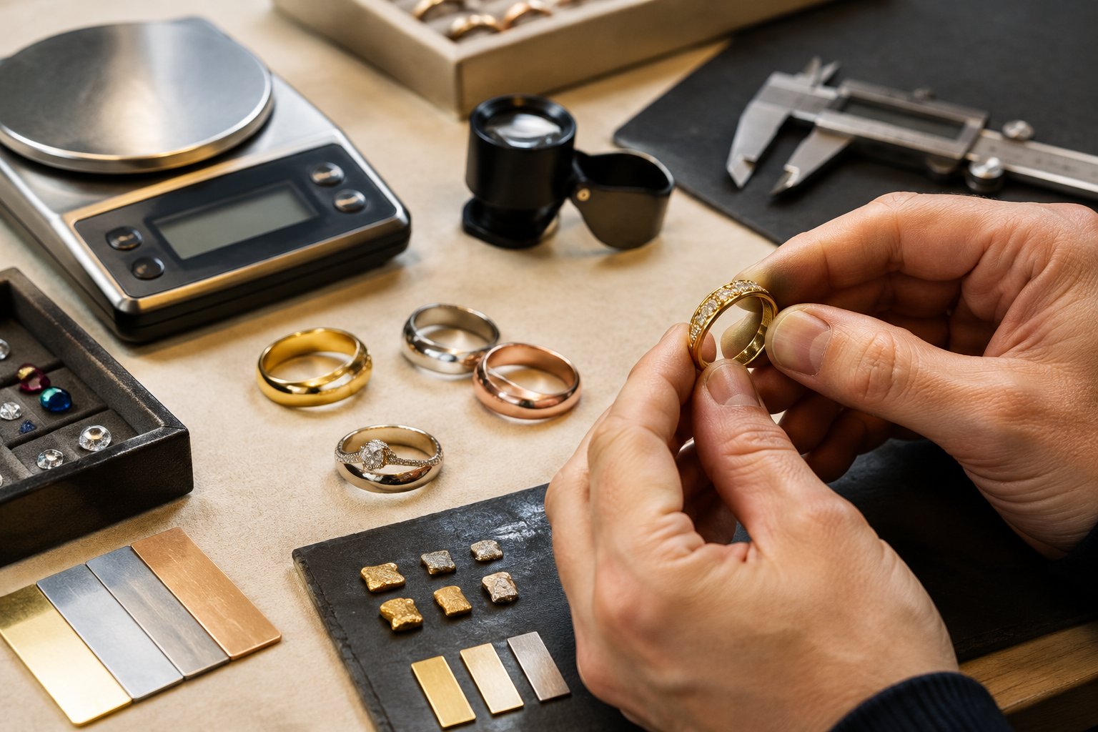 Gold wedding bands are examined with jewelry tools on a jeweler's workbench.