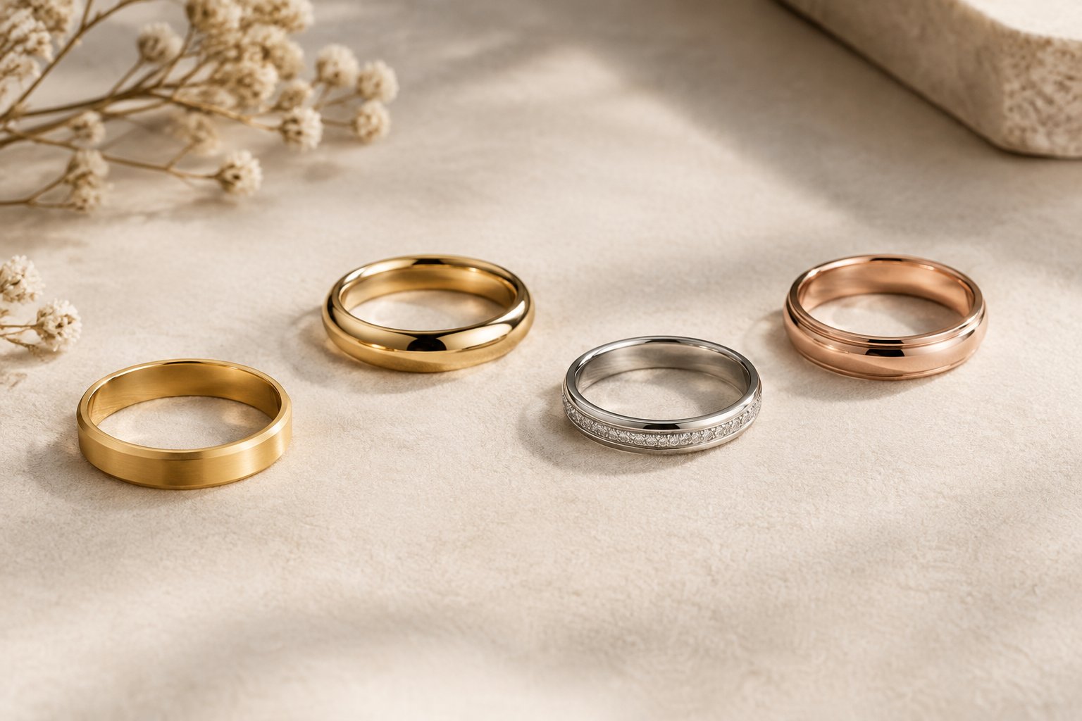 Several gold wedding bands in different colors and designs arranged on a jewelry display surface.