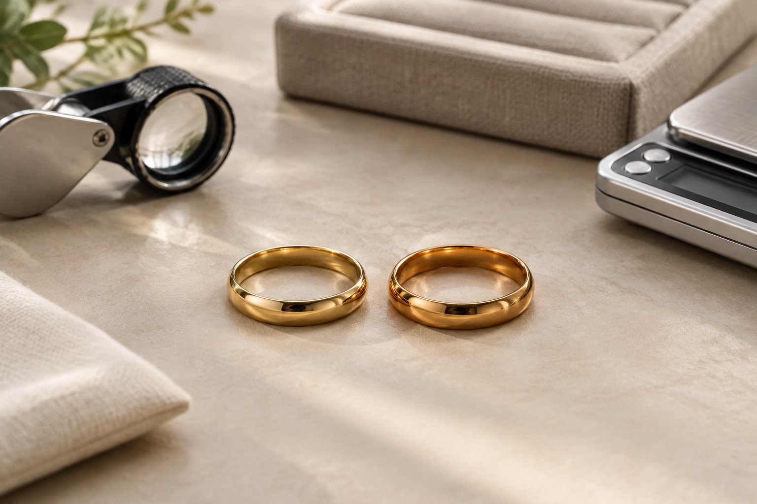 Two gold wedding bands displayed side by side on a jewelry pad with a loupe and scale.