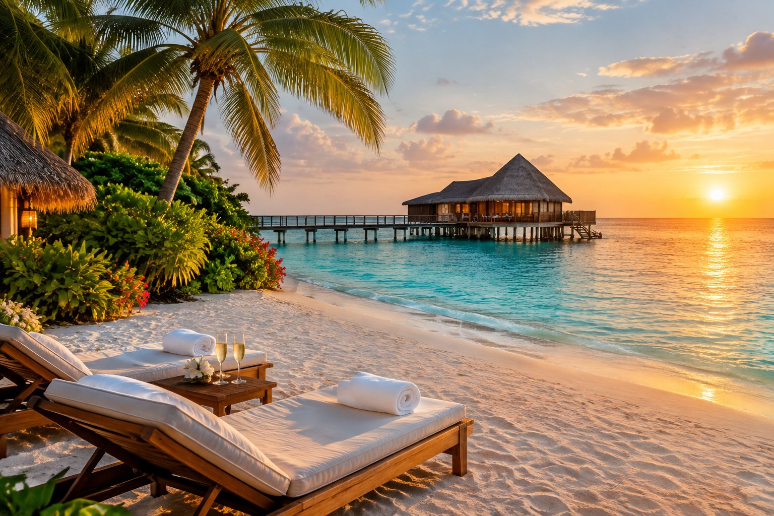 A luxury tropical resort with an overwater bungalow, white-sand beach, palm trees, and champagne glasses beside turquoise water.