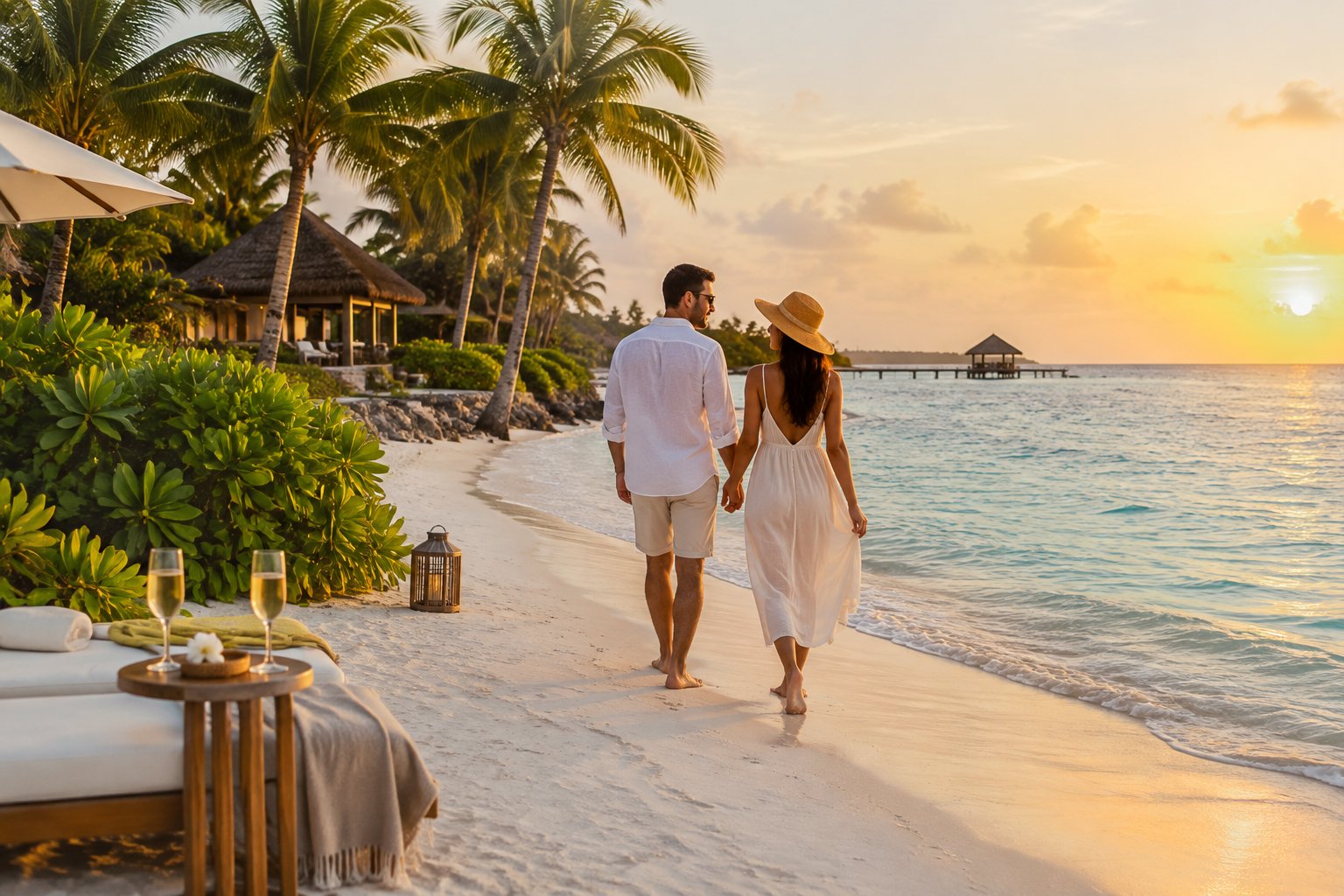 A couple walks along a tropical beach beside a luxurious resort at sunset.